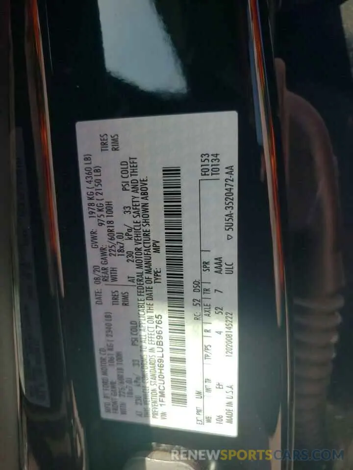 13 fotografías del automóvil dañado 1FMCU0H69LUB96765 FORD ESCAPE 2020