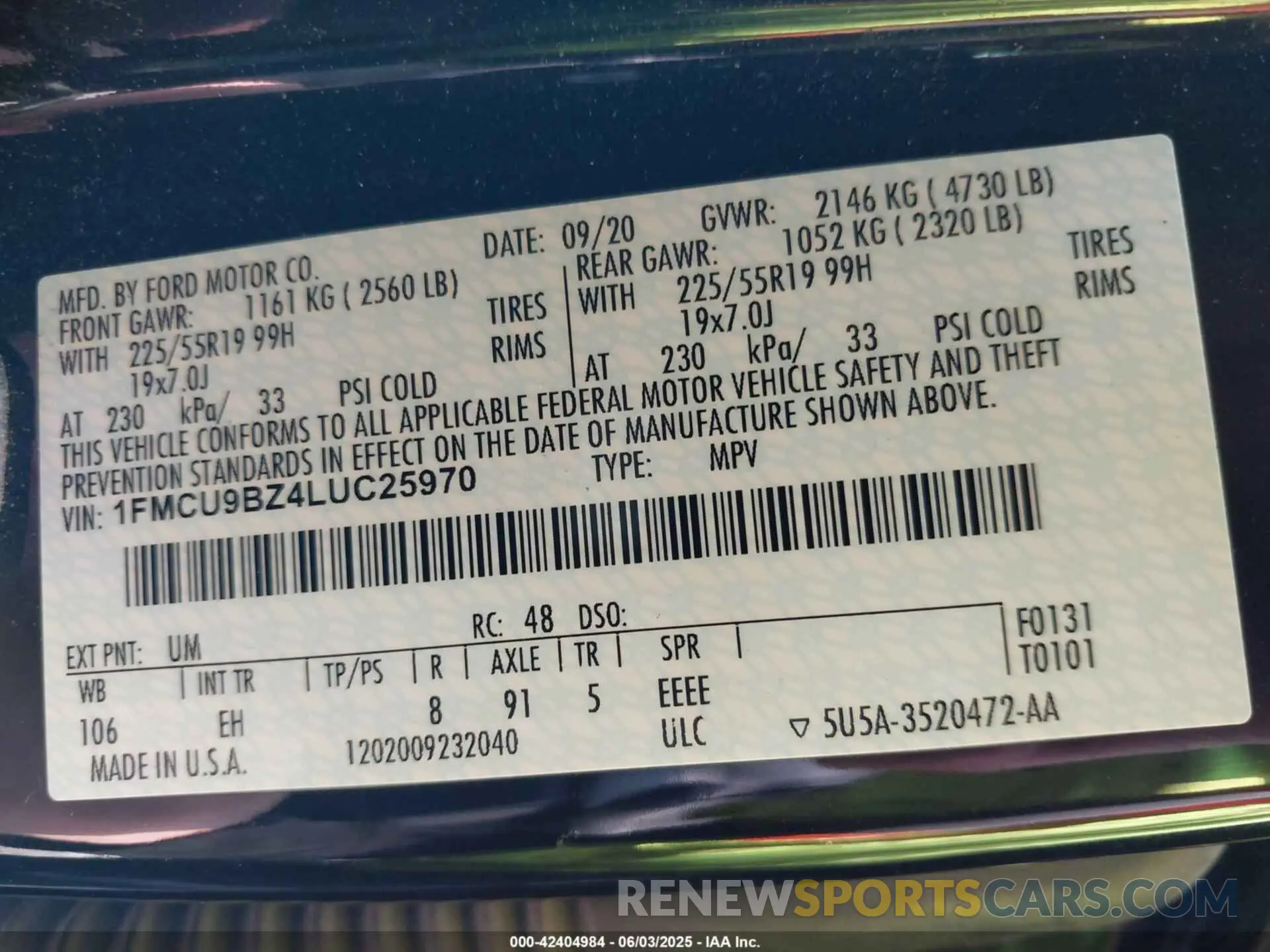 9 fotografías del automóvil dañado 1FMCU9BZ4LUC25970 FORD ESCAPE 2020