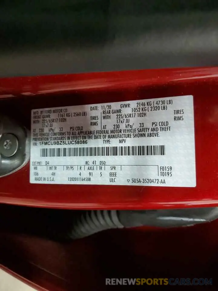 14 fotografías del automóvil dañado 1FMCU9BZ5LUC58086 FORD ESCAPE 2020