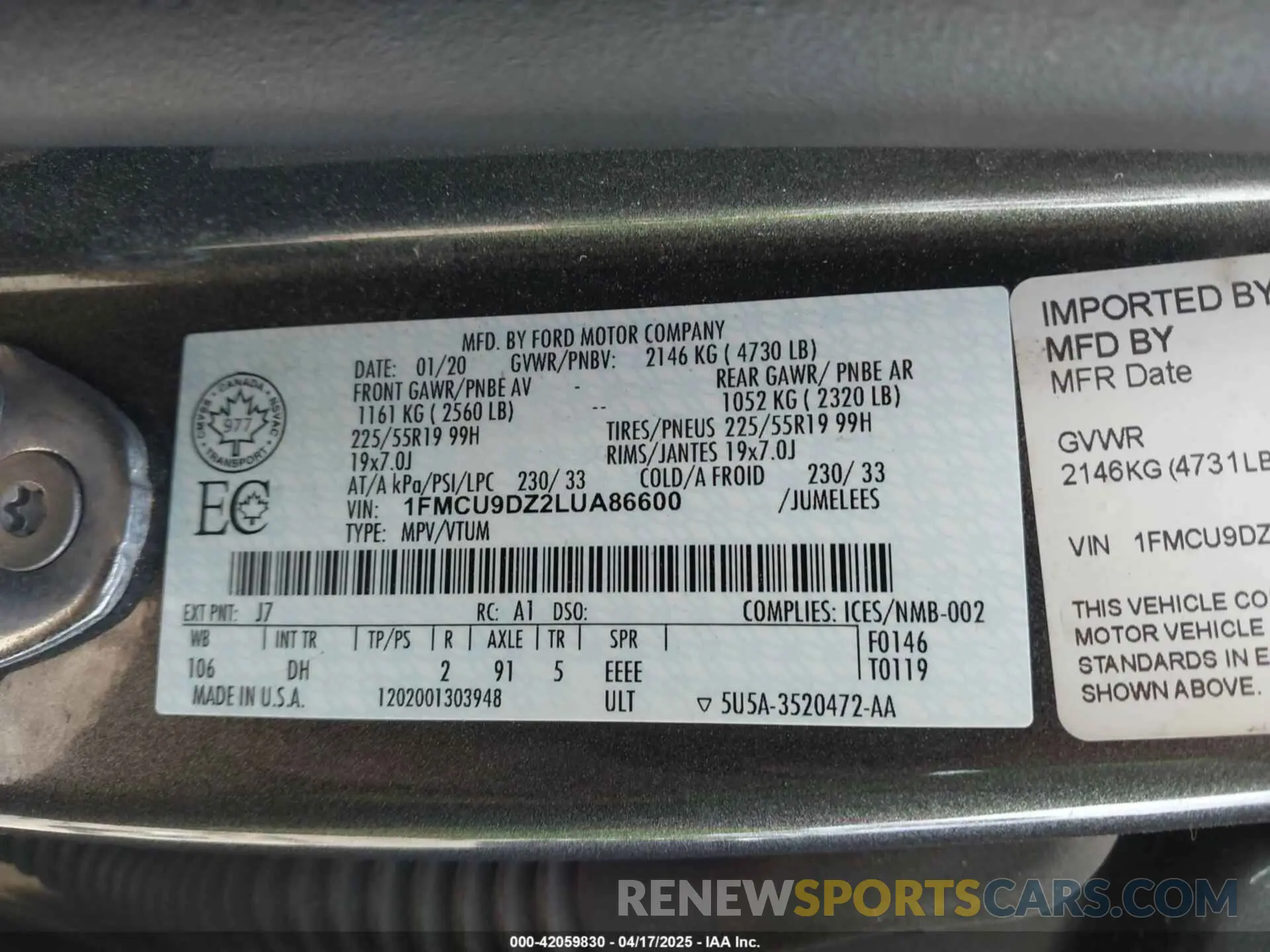 9 fotografías del automóvil dañado 1FMCU9DZ2LUA86600 FORD ESCAPE 2020