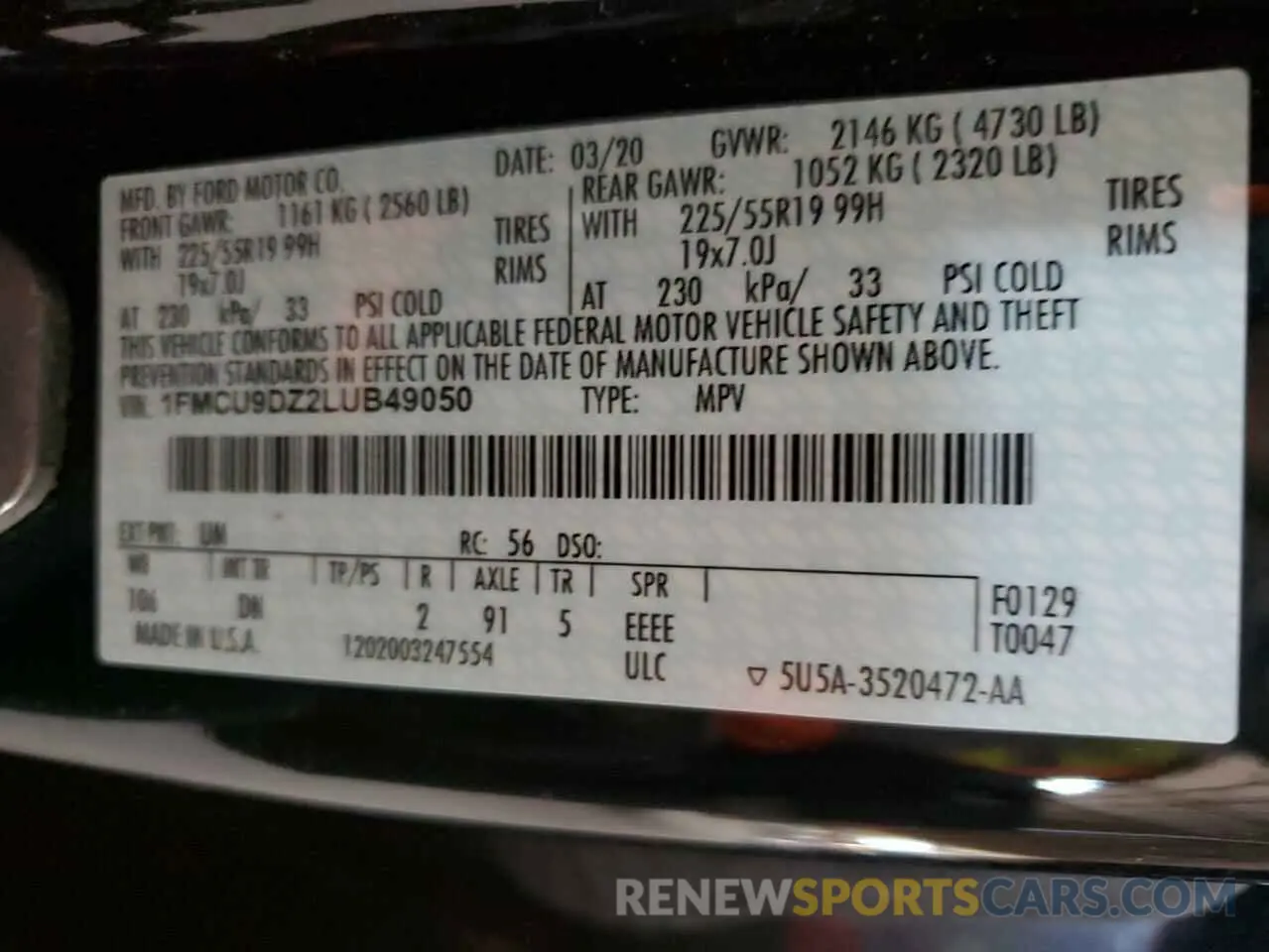 13 fotografías del automóvil dañado 1FMCU9DZ2LUB49050 FORD ESCAPE 2020
