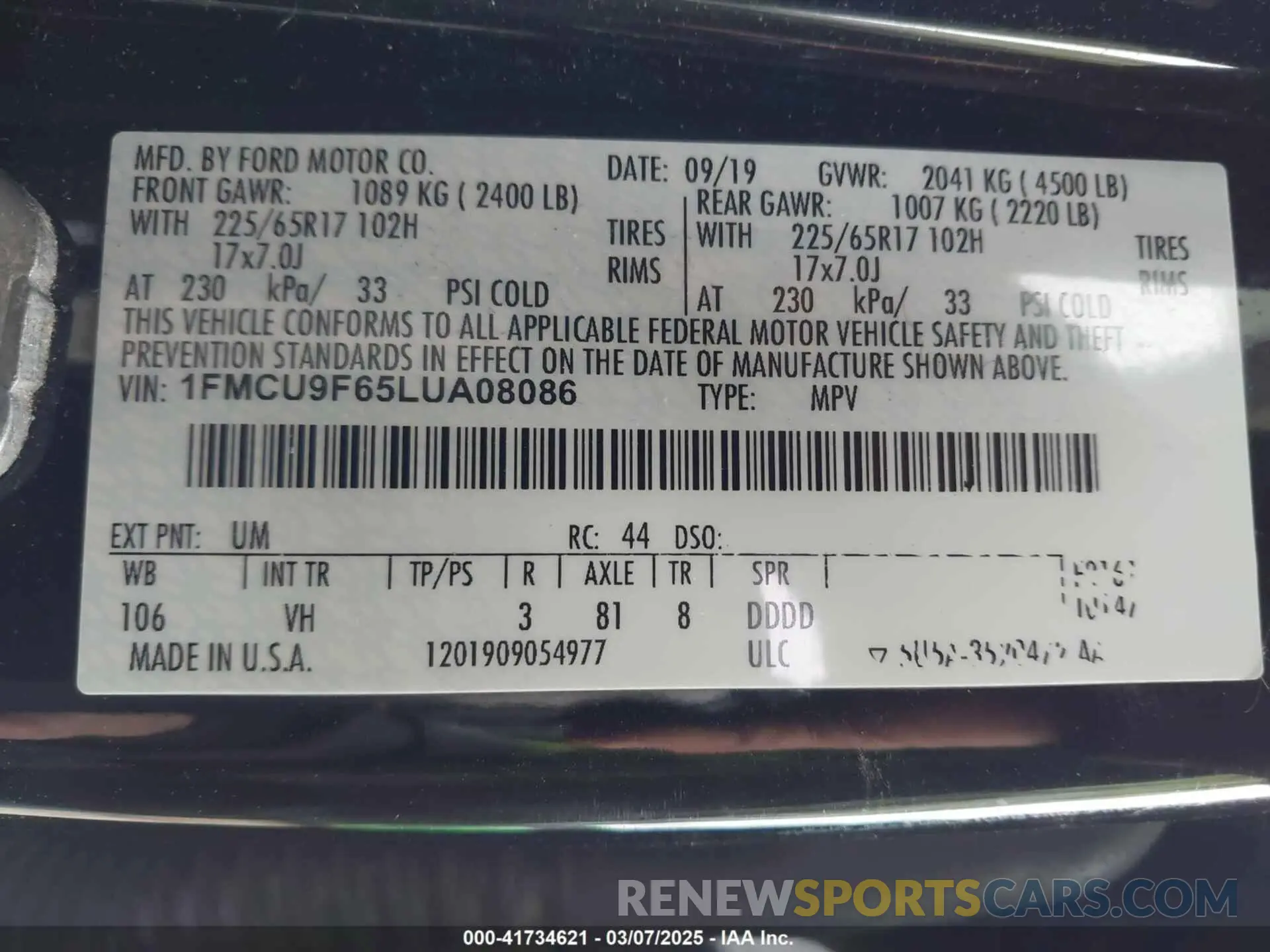 9 fotografías del automóvil dañado 1FMCU9F65LUA08086 FORD ESCAPE 2020