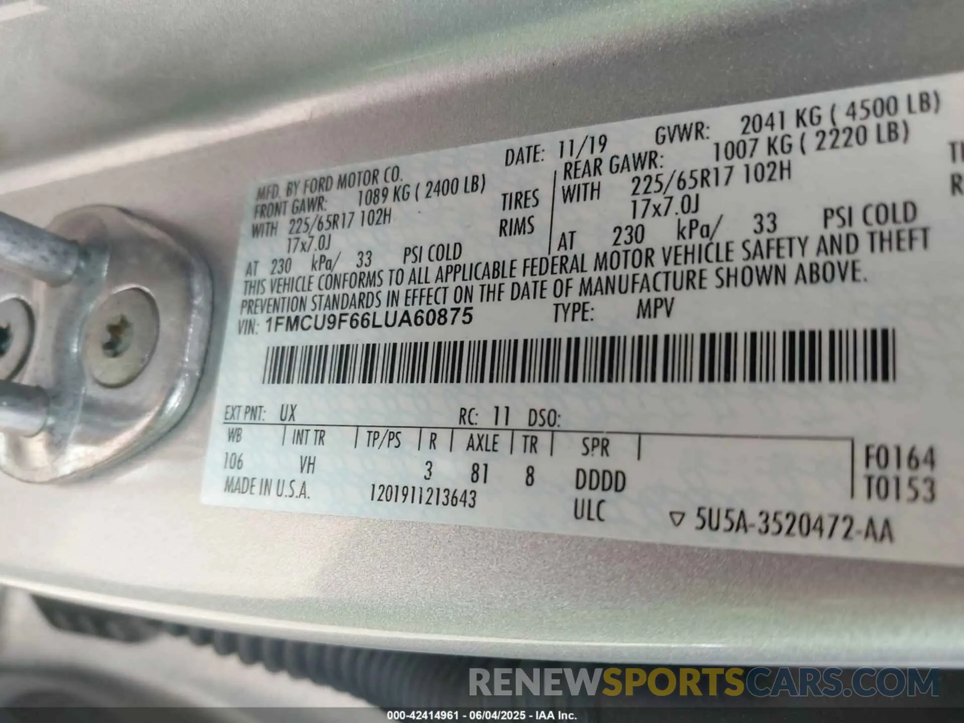 9 fotografías del automóvil dañado 1FMCU9F66LUA60875 FORD ESCAPE 2020