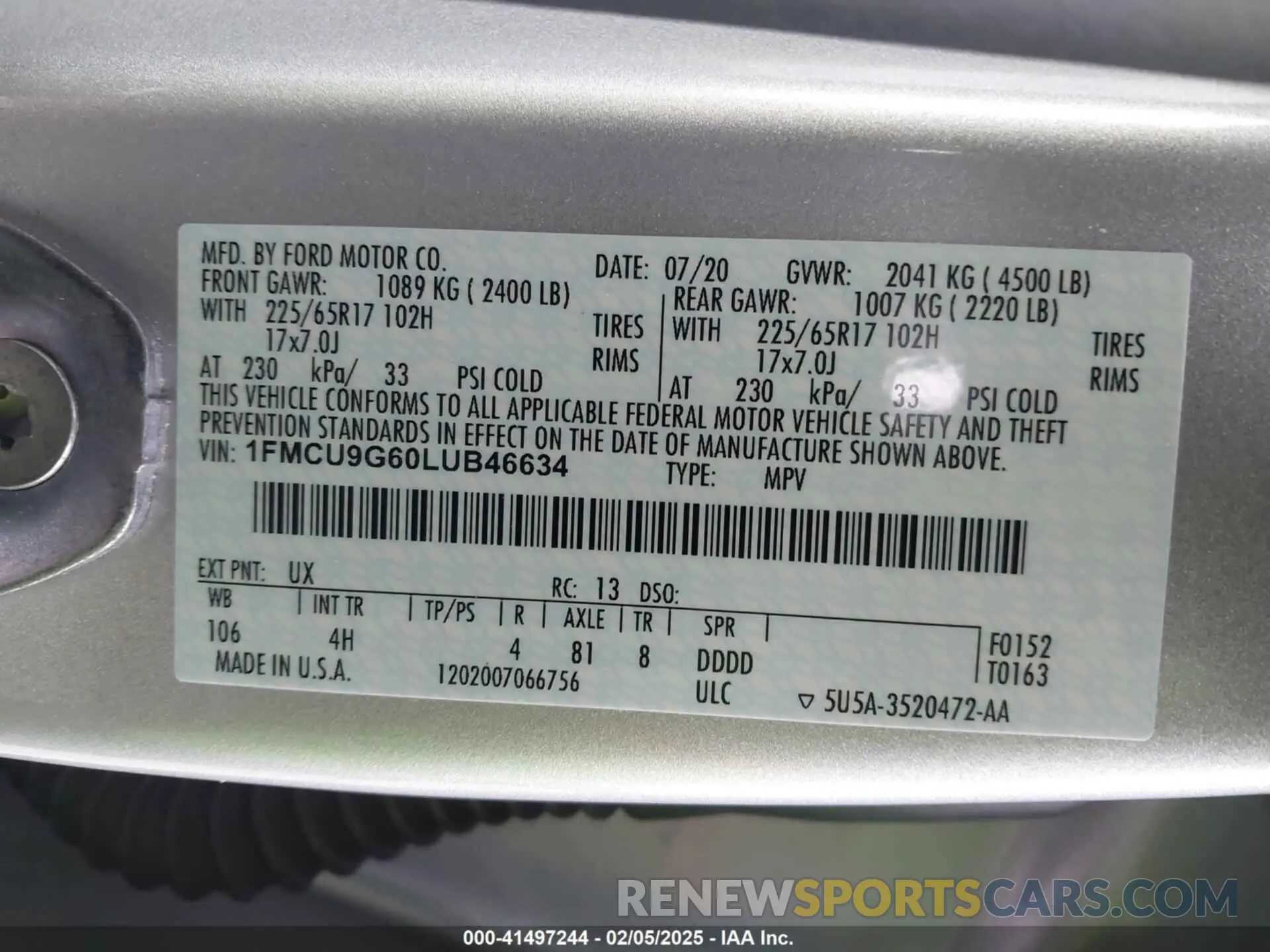 9 fotografías del automóvil dañado 1FMCU9G60LUB46634 FORD ESCAPE 2020