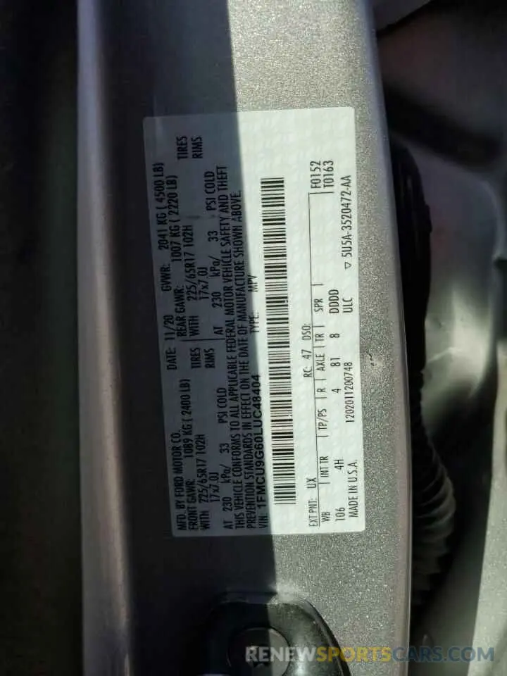15 fotografías del automóvil dañado 1FMCU9G60LUC48404 FORD ESCAPE 2020
