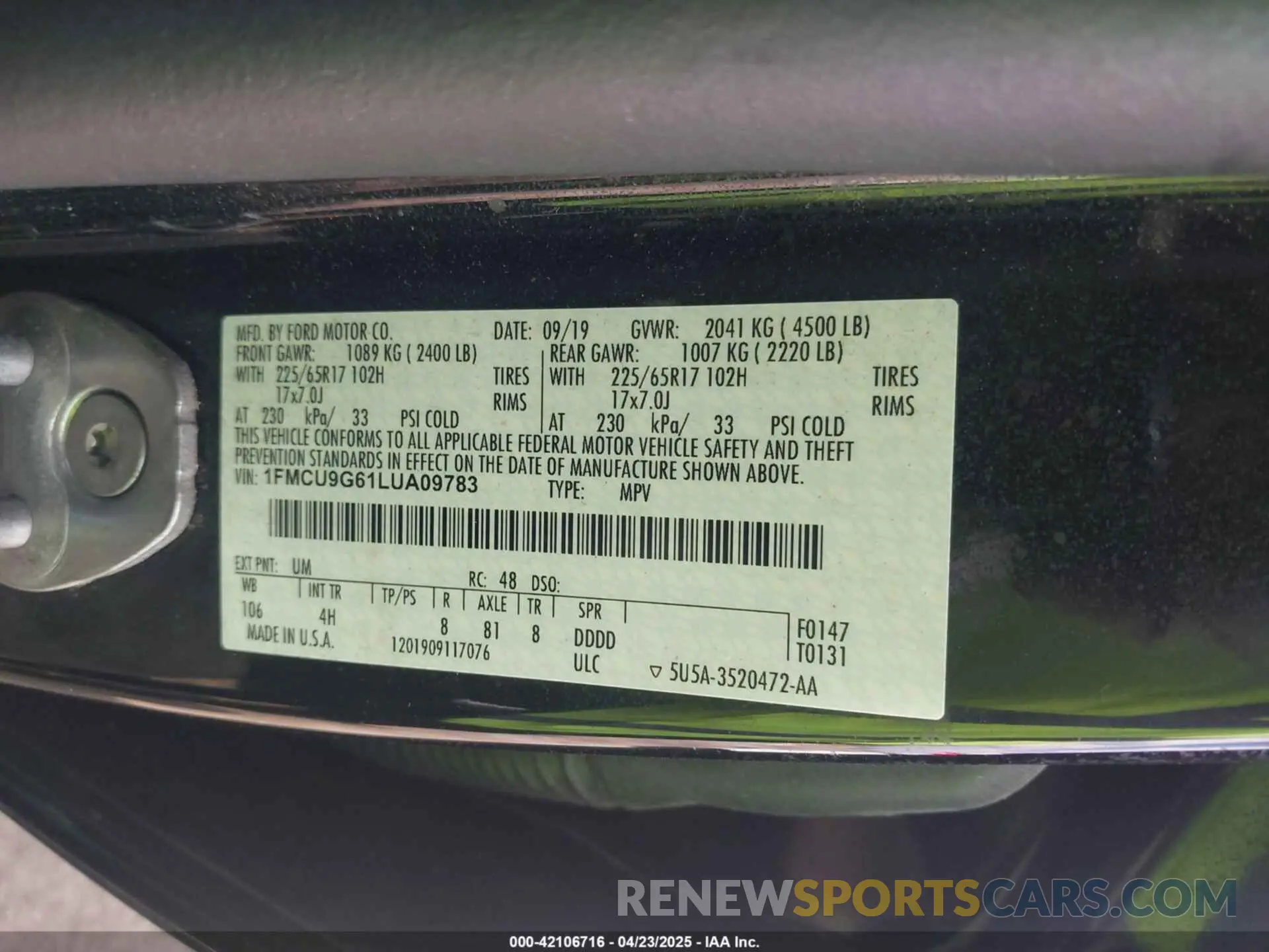 9 fotografías del automóvil dañado 1FMCU9G61LUA09783 FORD ESCAPE 2020