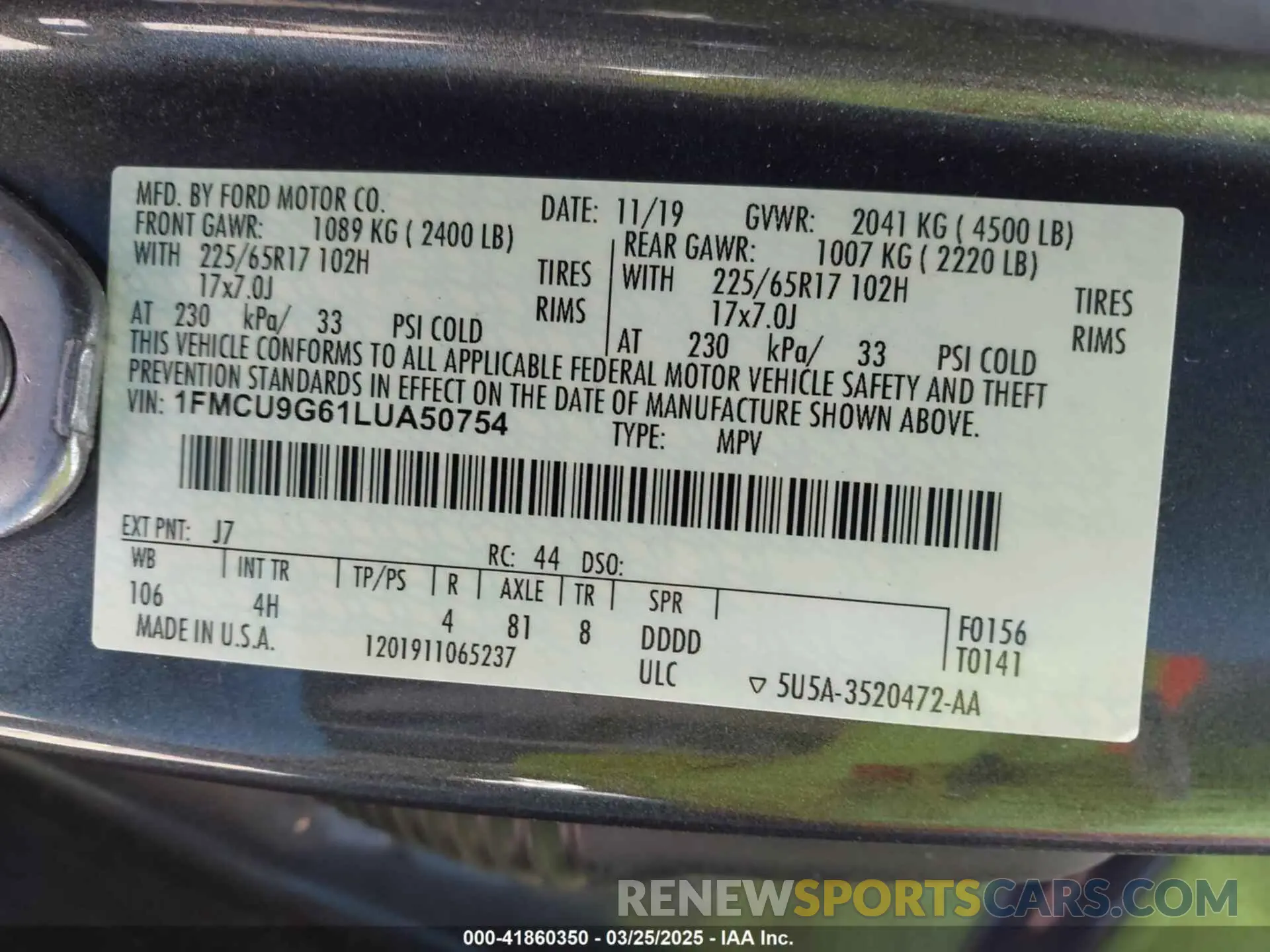 9 fotografías del automóvil dañado 1FMCU9G61LUA50754 FORD ESCAPE 2020
