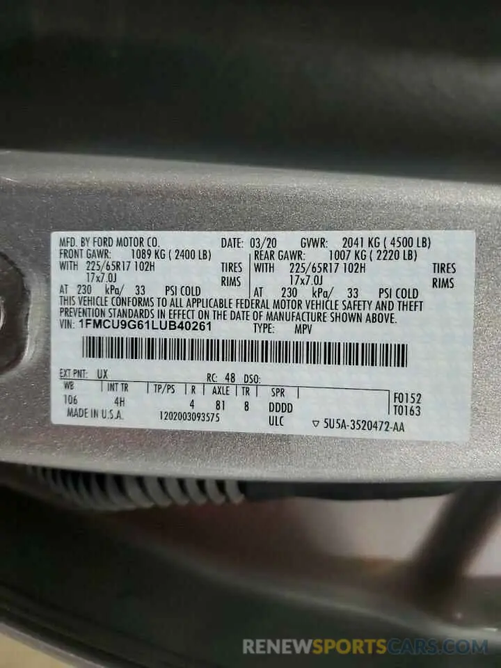 14 fotografías del automóvil dañado 1FMCU9G61LUB40261 FORD ESCAPE 2020