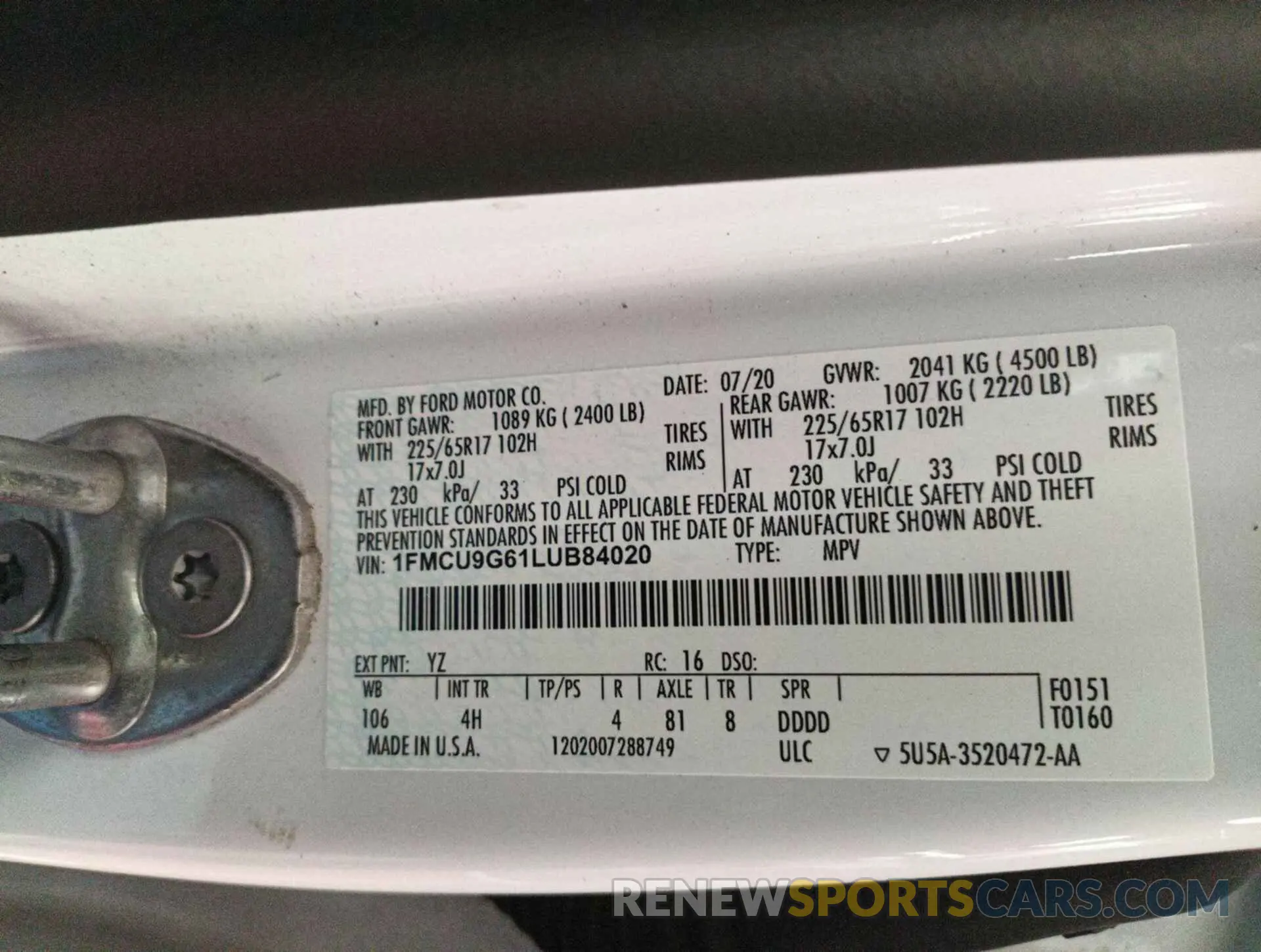 2 fotografías del automóvil dañado 1FMCU9G61LUB84020 FORD ESCAPE 2020