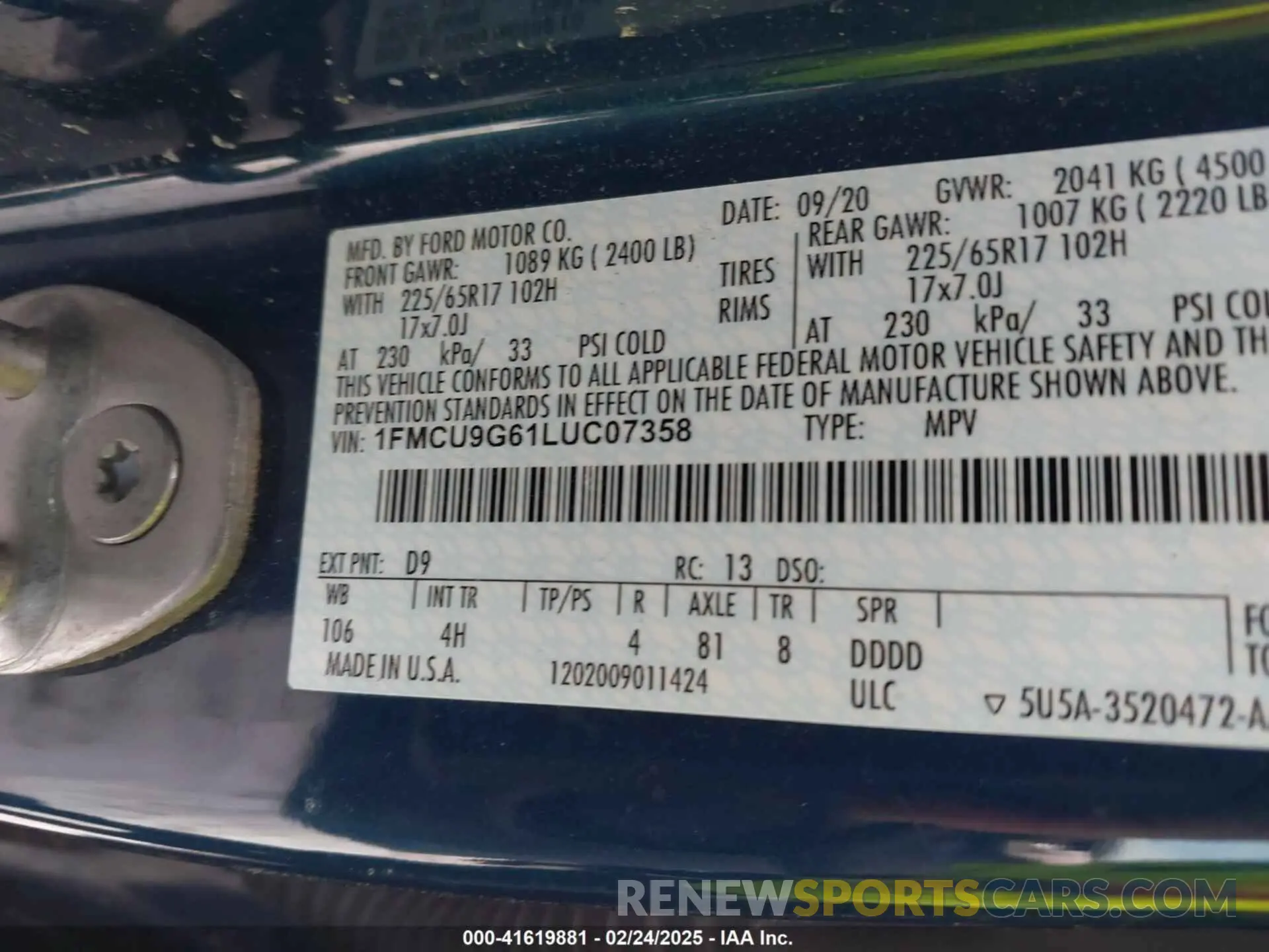 9 fotografías del automóvil dañado 1FMCU9G61LUC07358 FORD ESCAPE 2020