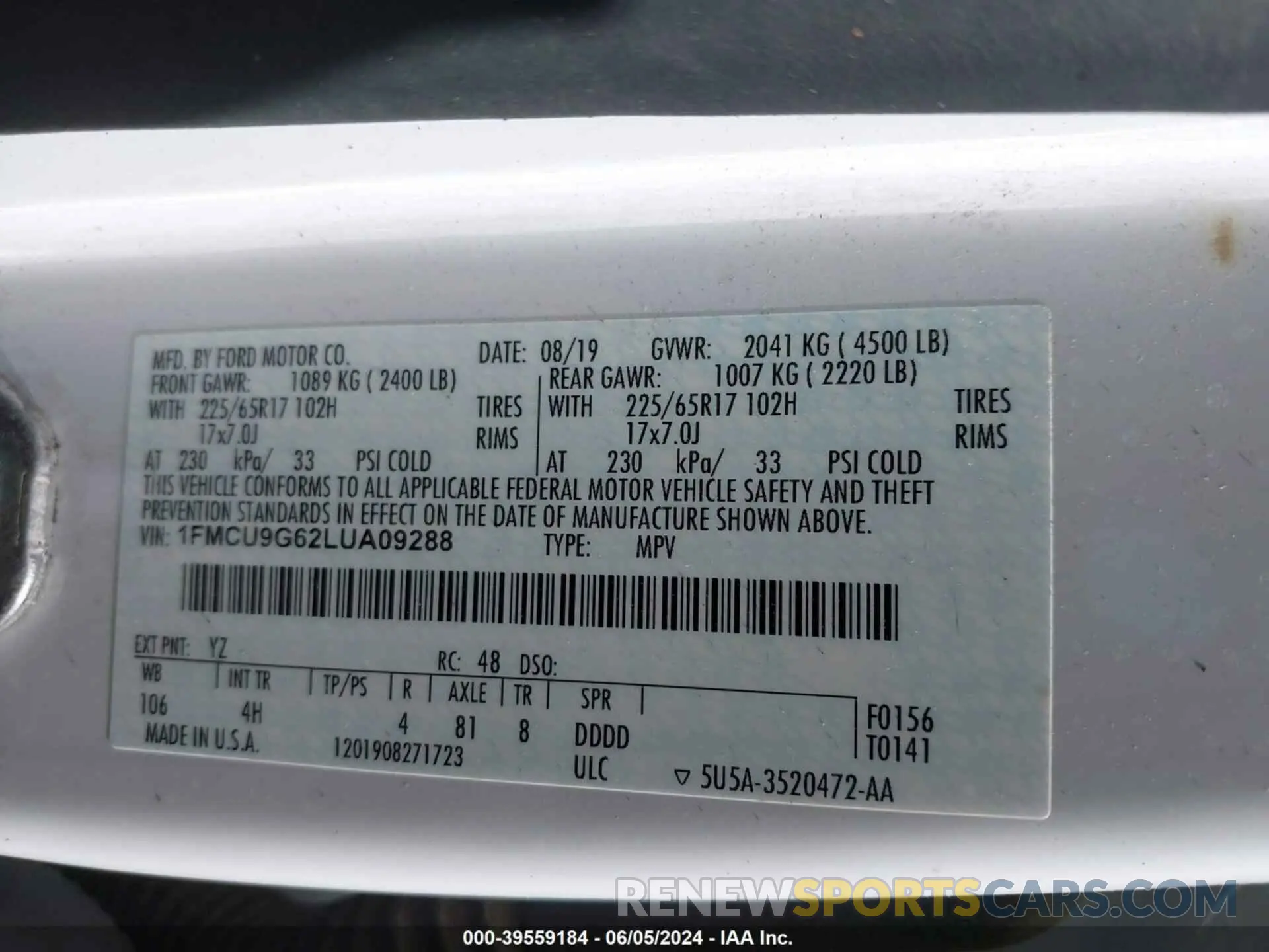 9 fotografías del automóvil dañado 1FMCU9G62LUA09288 FORD ESCAPE 2020