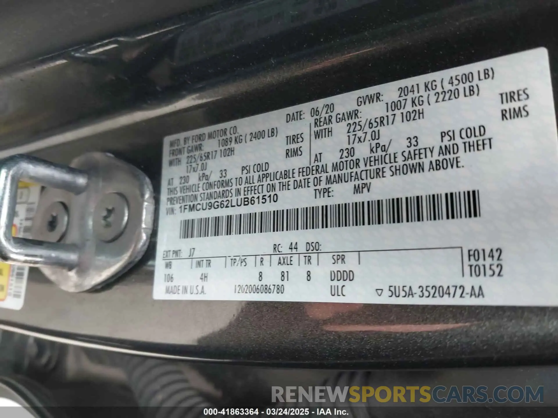 9 fotografías del automóvil dañado 1FMCU9G62LUB61510 FORD ESCAPE 2020