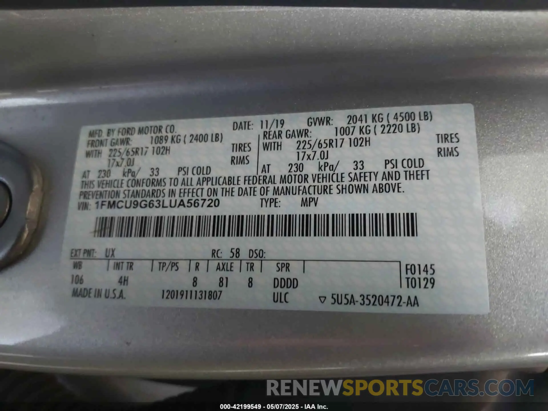 9 fotografías del automóvil dañado 1FMCU9G63LUA56720 FORD ESCAPE 2020