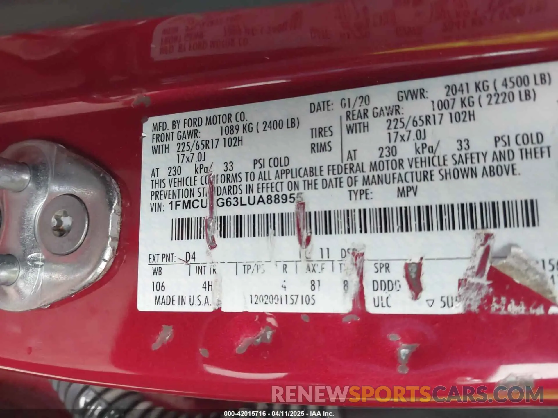 9 fotografías del automóvil dañado 1FMCU9G63LUA88955 FORD ESCAPE 2020