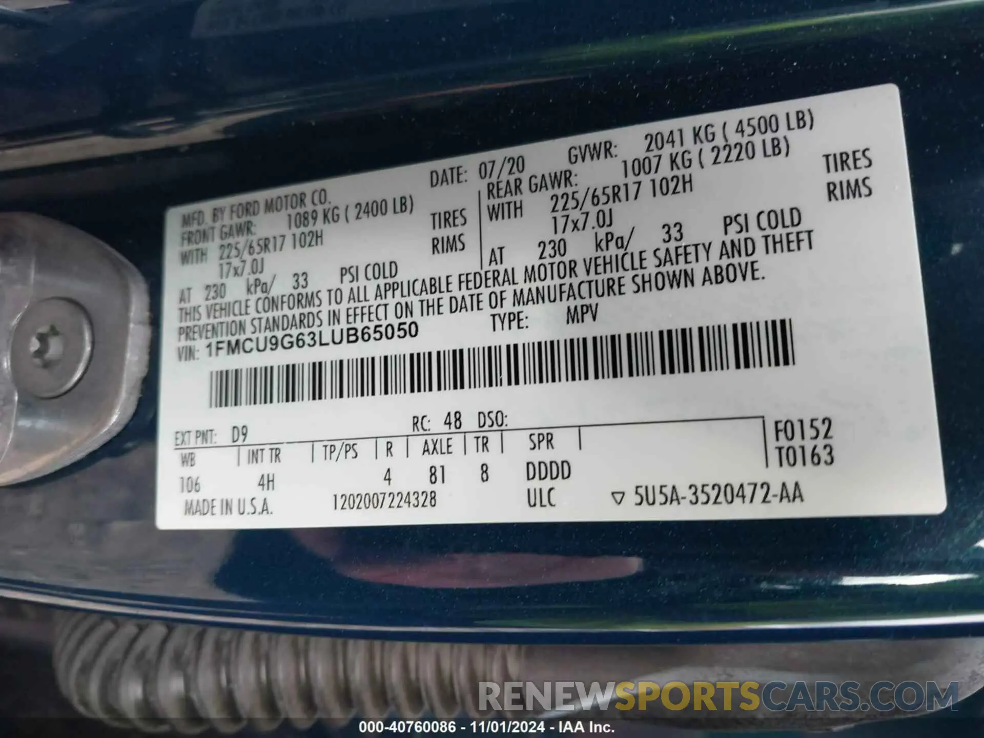 9 fotografías del automóvil dañado 1FMCU9G63LUB65050 FORD ESCAPE 2020