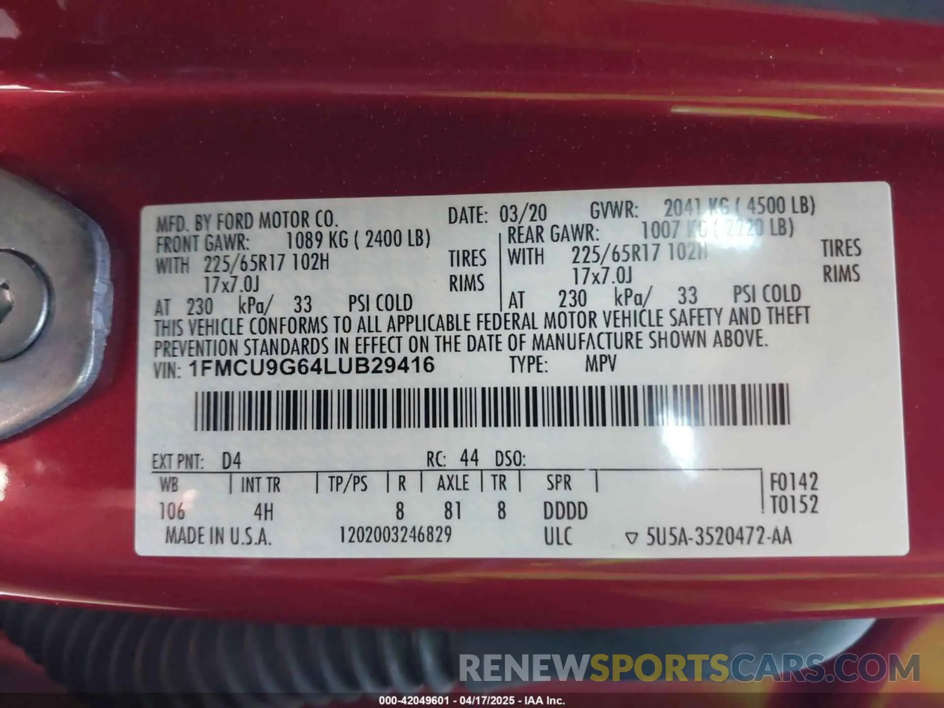 9 fotografías del automóvil dañado 1FMCU9G64LUB29416 FORD ESCAPE 2020