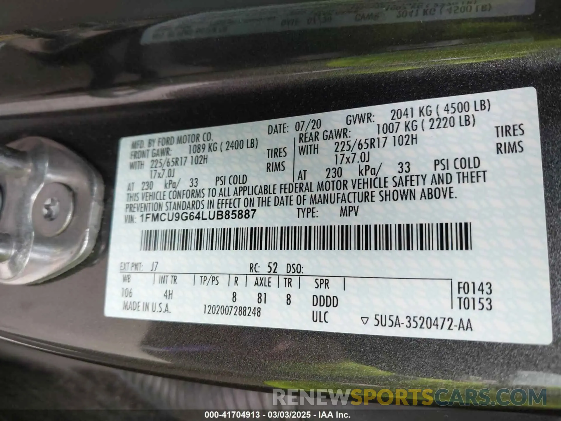 9 fotografías del automóvil dañado 1FMCU9G64LUB85887 FORD ESCAPE 2020