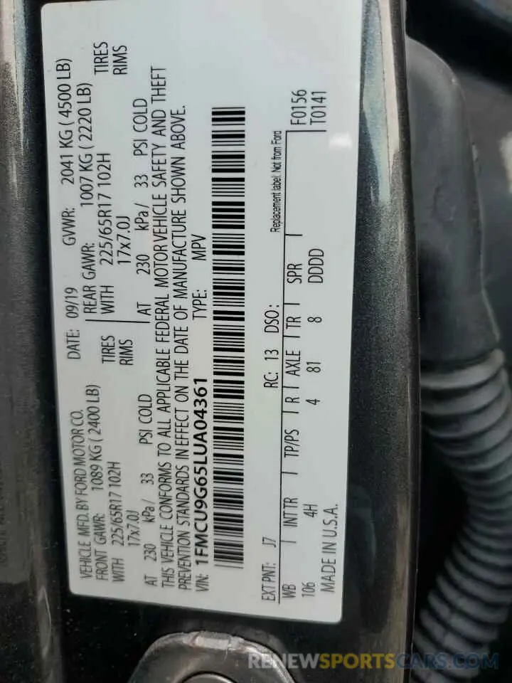 12 fotografías del automóvil dañado 1FMCU9G65LUA04361 FORD ESCAPE 2020