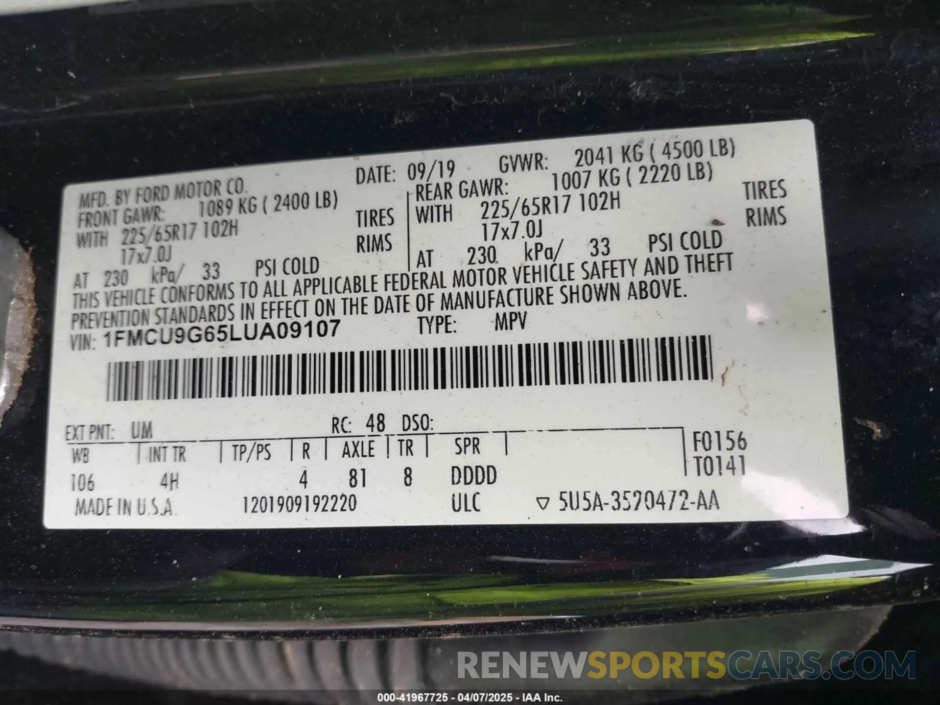 9 fotografías del automóvil dañado 1FMCU9G65LUA09107 FORD ESCAPE 2020
