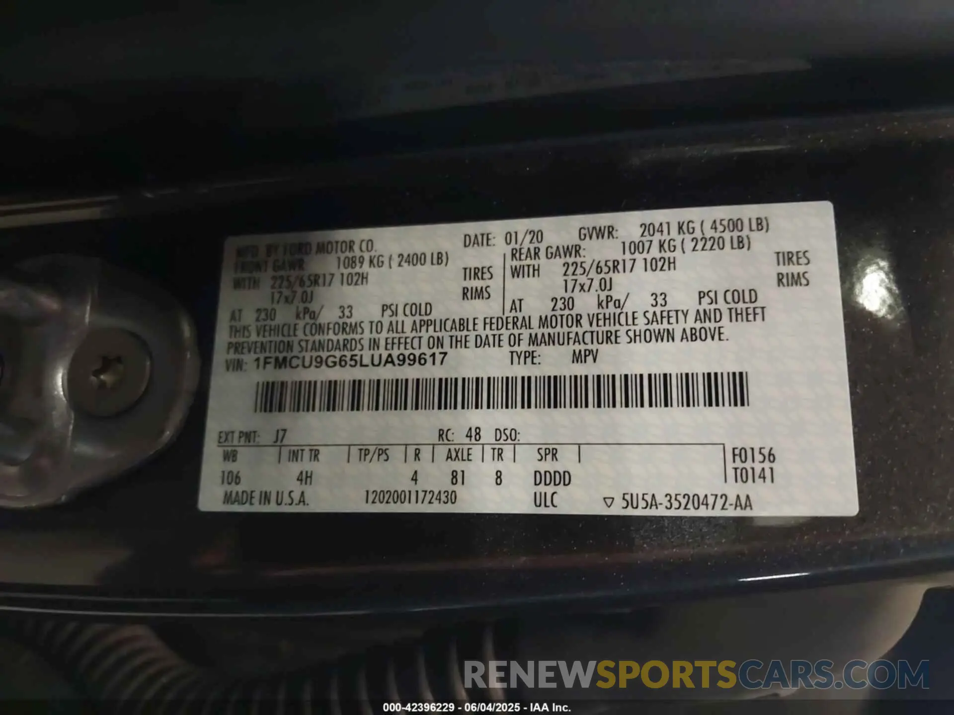 9 fotografías del automóvil dañado 1FMCU9G65LUA99617 FORD ESCAPE 2020