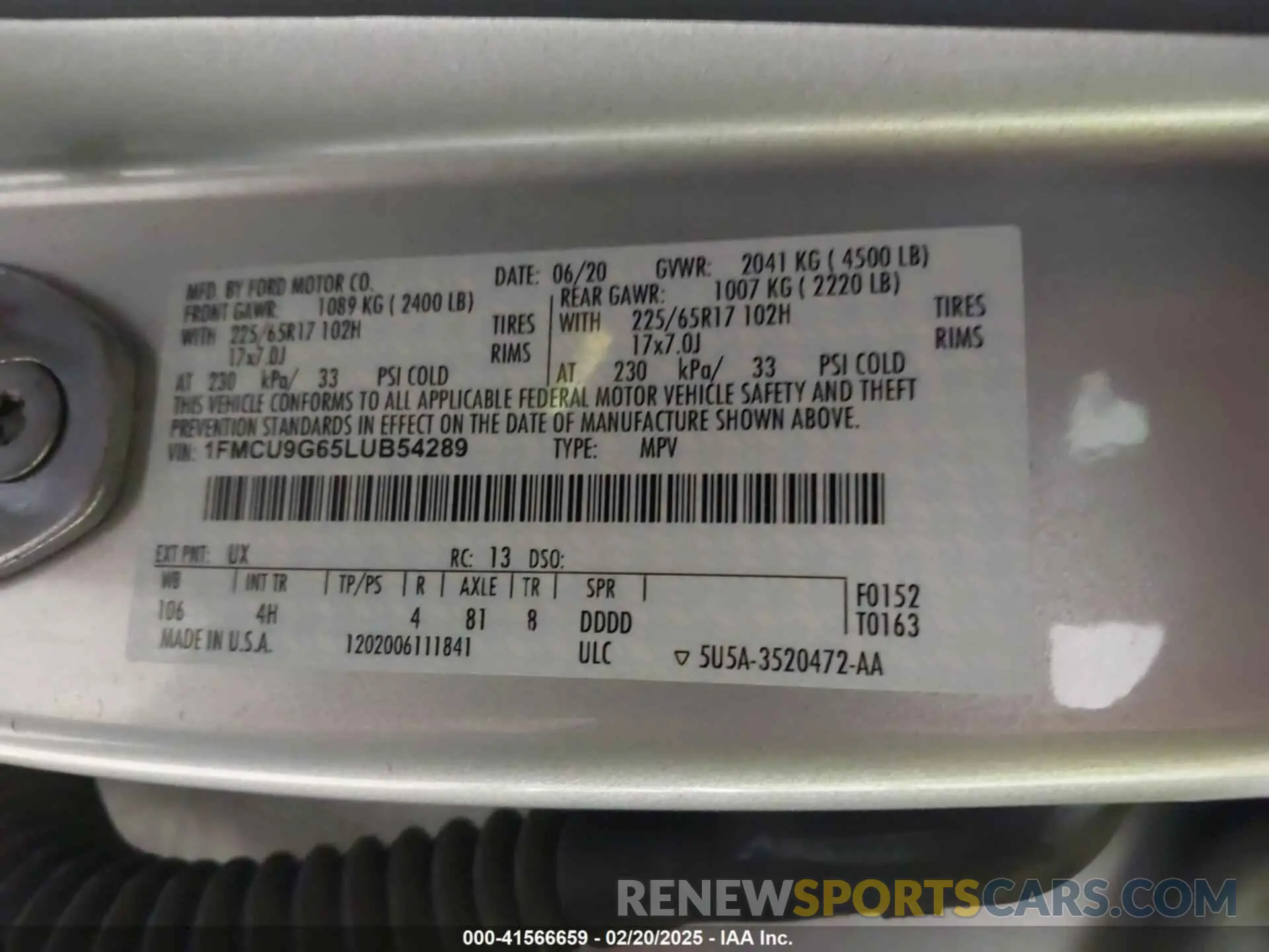 9 fotografías del automóvil dañado 1FMCU9G65LUB54289 FORD ESCAPE 2020