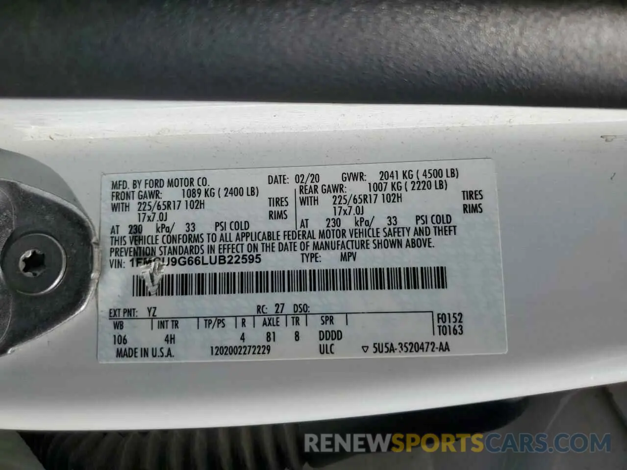 14 fotografías del automóvil dañado 1FMCU9G66LUB22595 FORD ESCAPE 2020