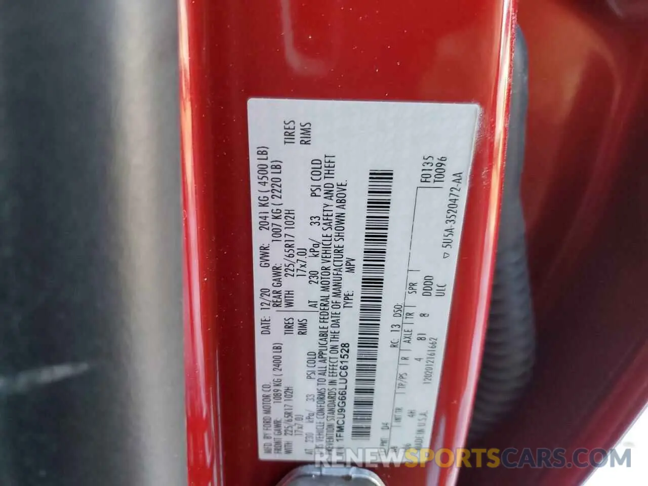 12 fotografías del automóvil dañado 1FMCU9G66LUC61528 FORD ESCAPE 2020