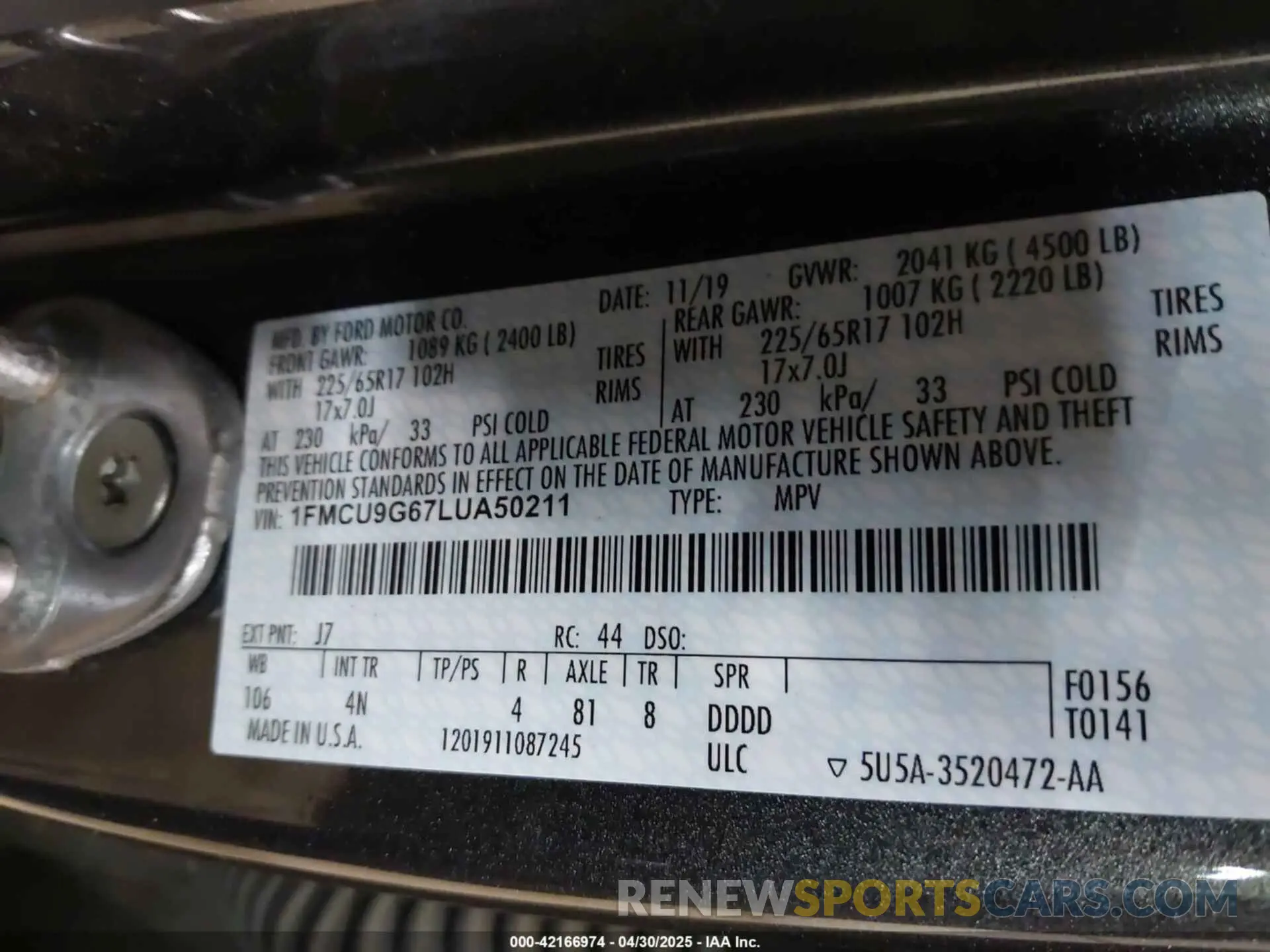 9 fotografías del automóvil dañado 1FMCU9G67LUA50211 FORD ESCAPE 2020