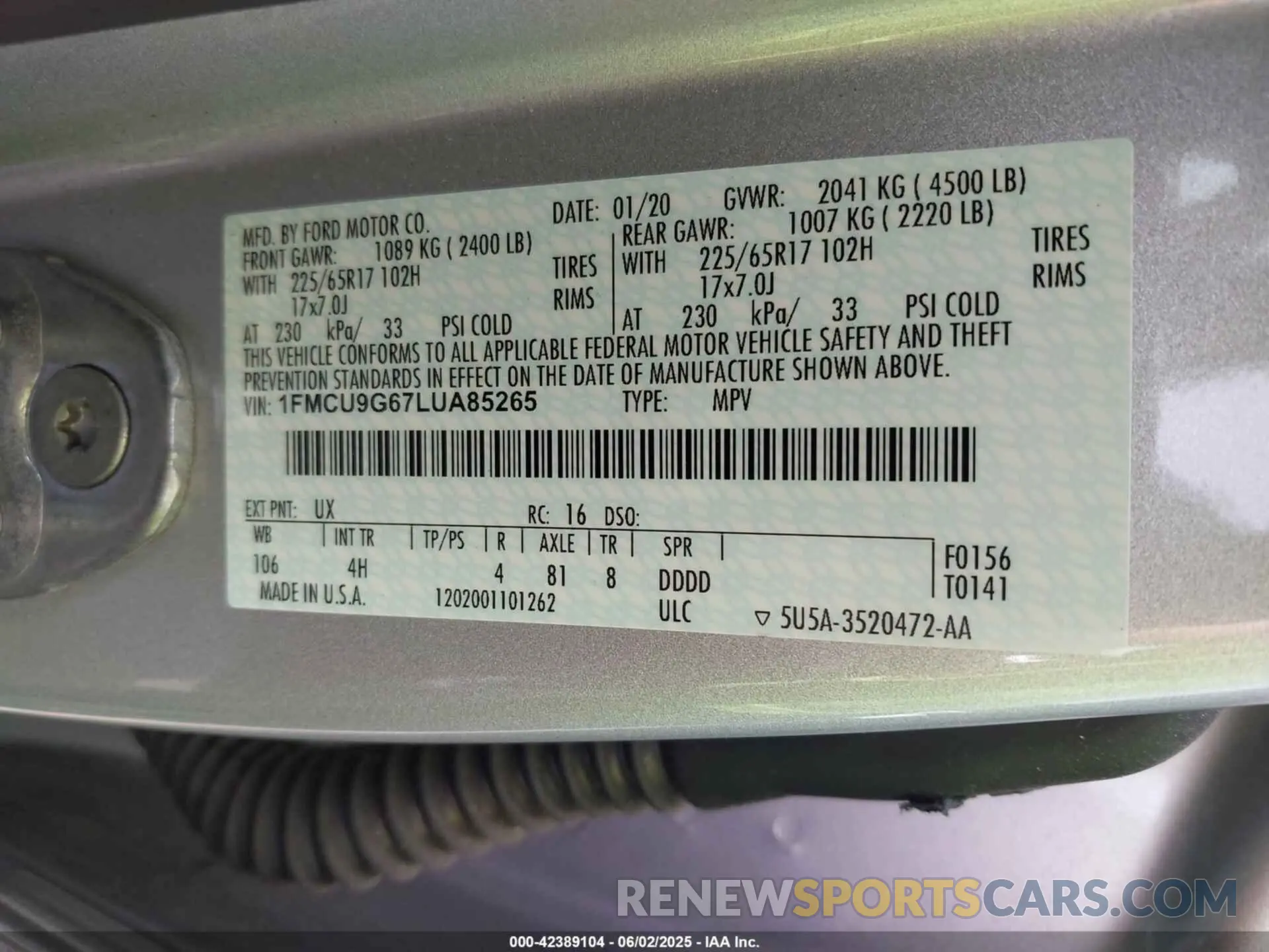 9 fotografías del automóvil dañado 1FMCU9G67LUA85265 FORD ESCAPE 2020