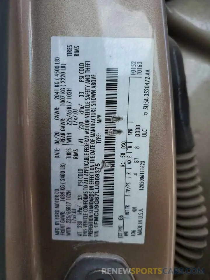 12 fotografías del automóvil dañado 1FMCU9G67LUB69375 FORD ESCAPE 2020