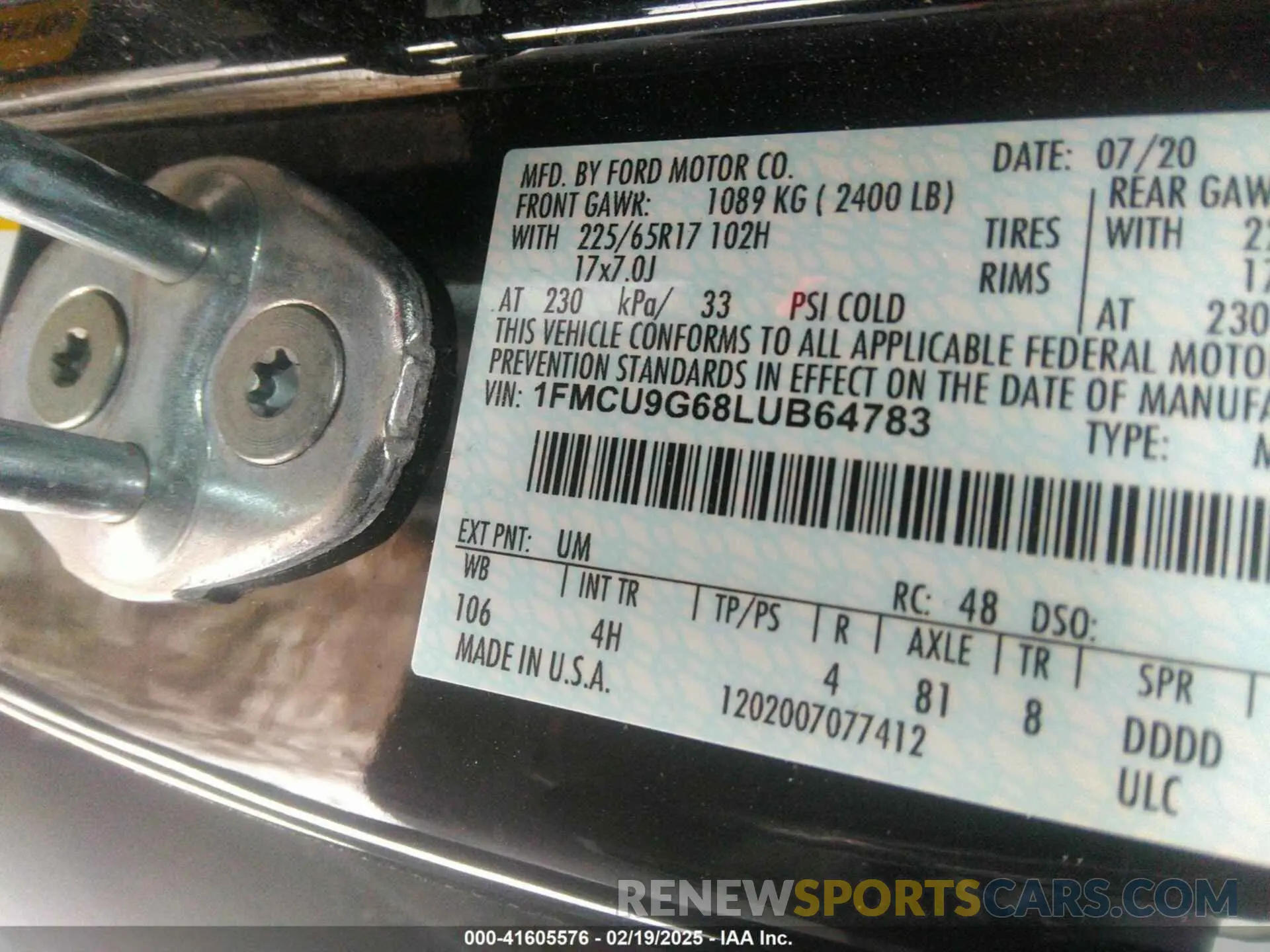 9 fotografías del automóvil dañado 1FMCU9G68LUB64783 FORD ESCAPE 2020