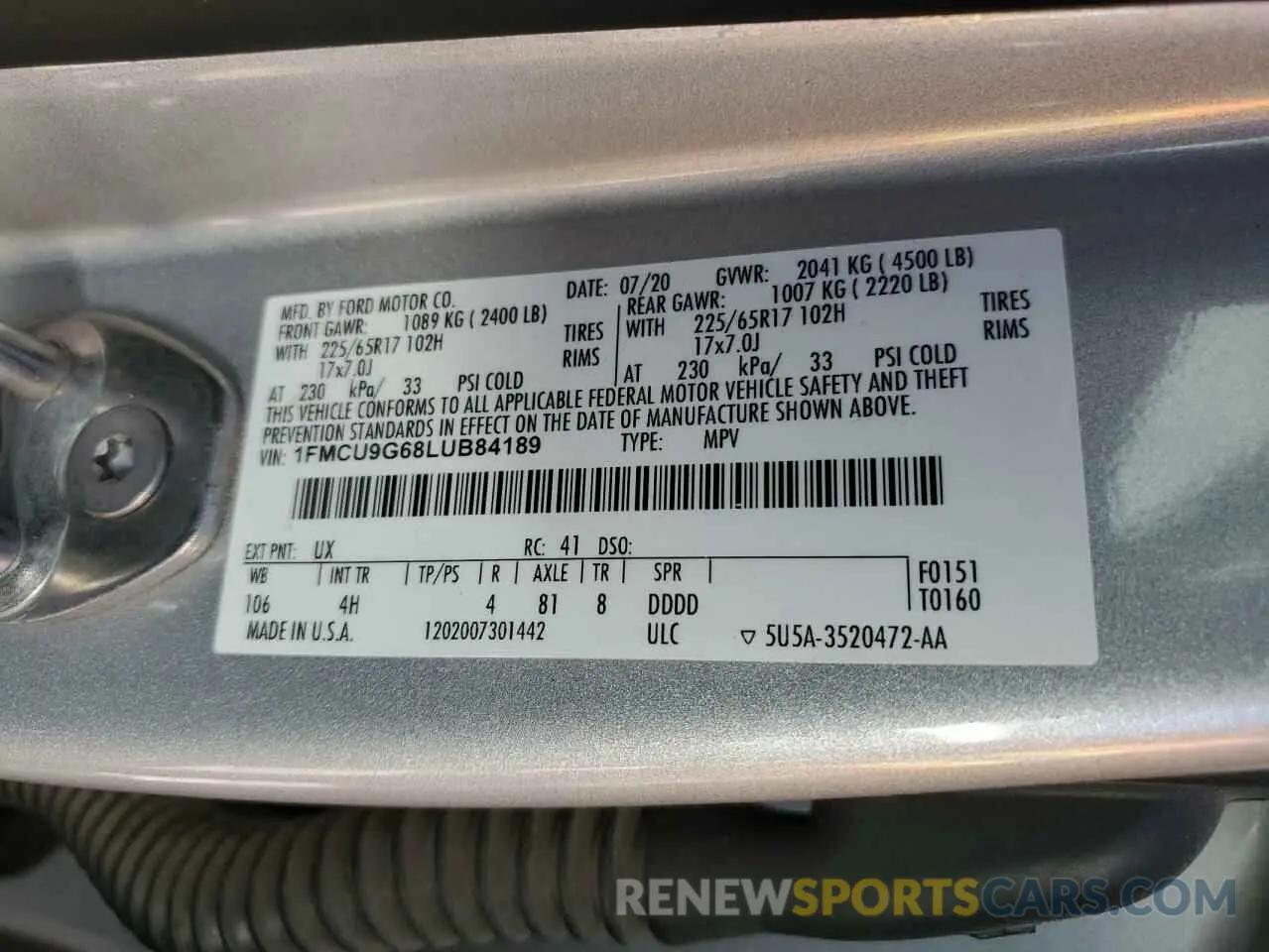 13 fotografías del automóvil dañado 1FMCU9G68LUB84189 FORD ESCAPE 2020