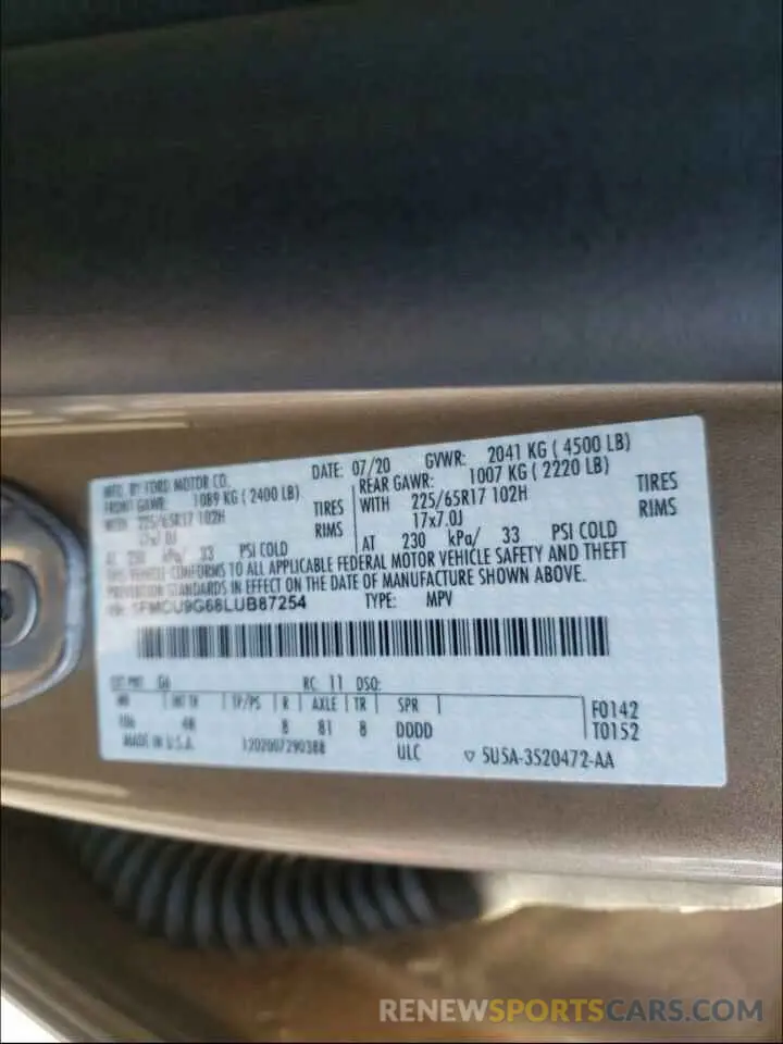 10 fotografías del automóvil dañado 1FMCU9G68LUB87254 FORD ESCAPE 2020