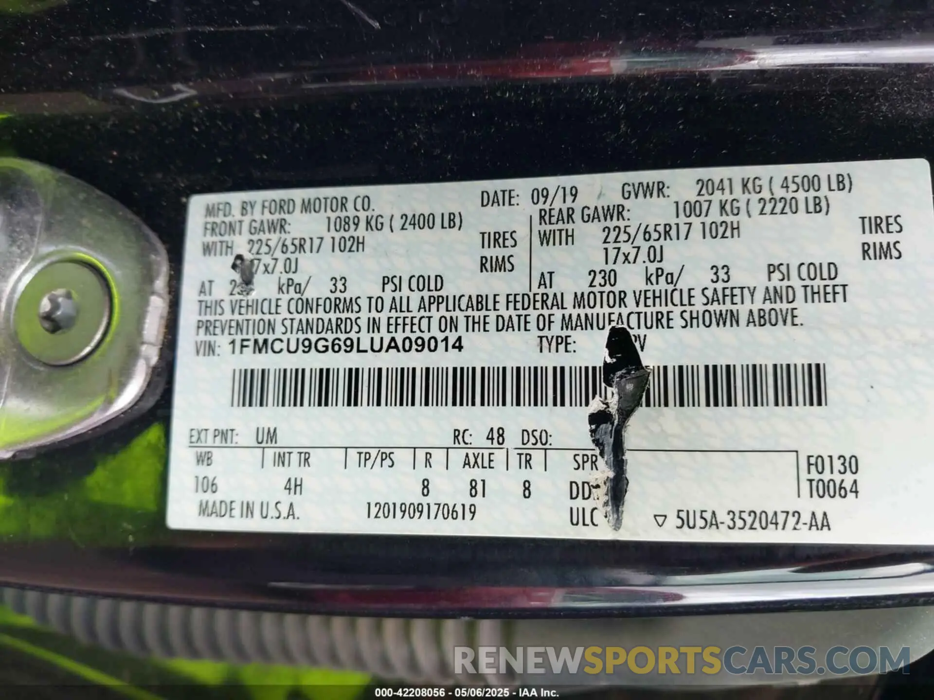 9 fotografías del automóvil dañado 1FMCU9G69LUA09014 FORD ESCAPE 2020