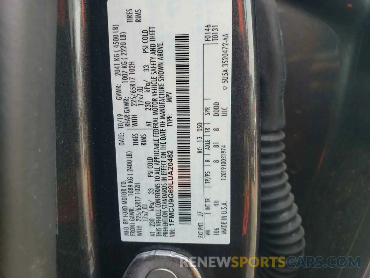 13 fotografías del automóvil dañado 1FMCU9G69LUA20482 FORD ESCAPE 2020
