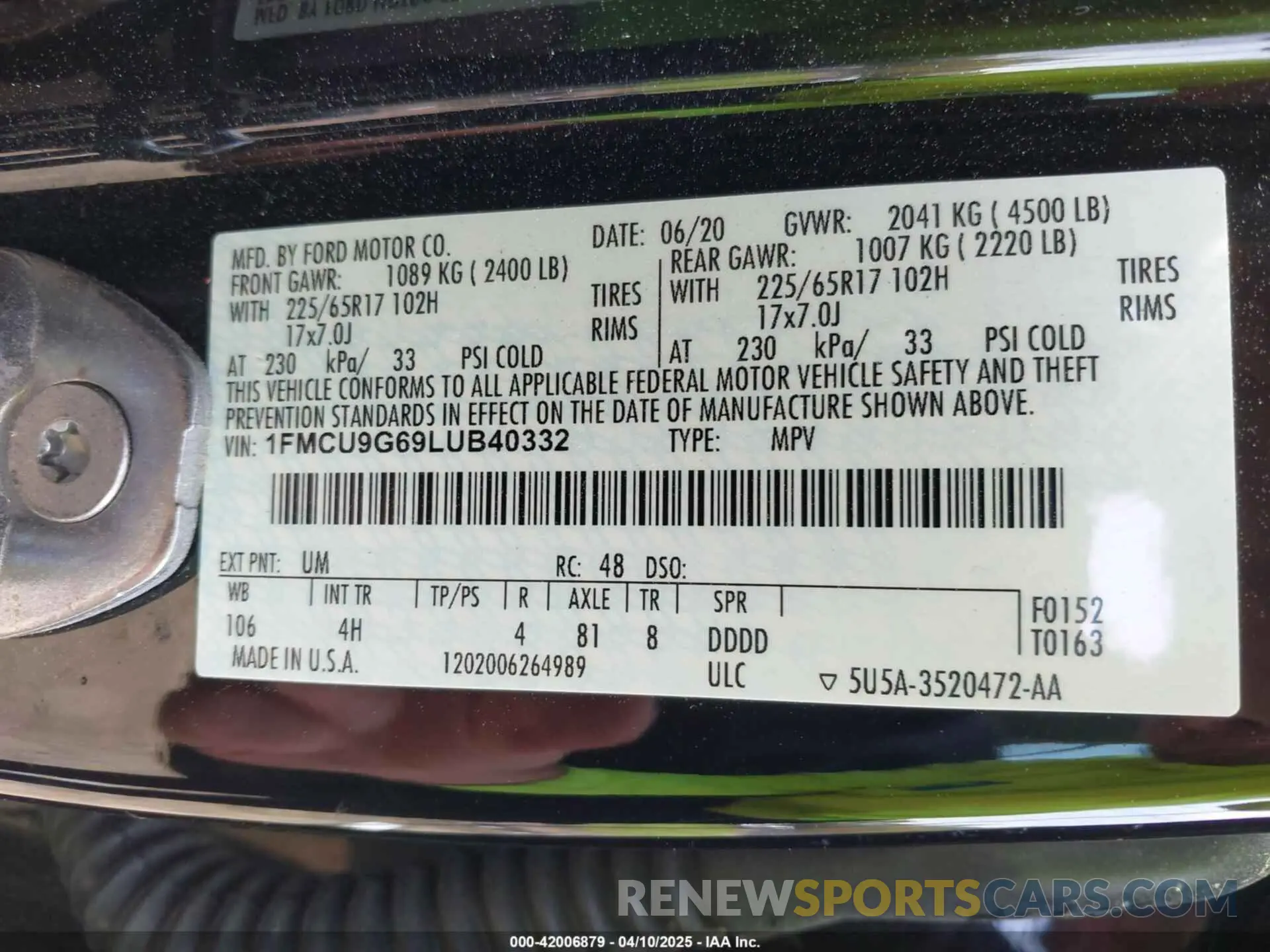 9 fotografías del automóvil dañado 1FMCU9G69LUB40332 FORD ESCAPE 2020