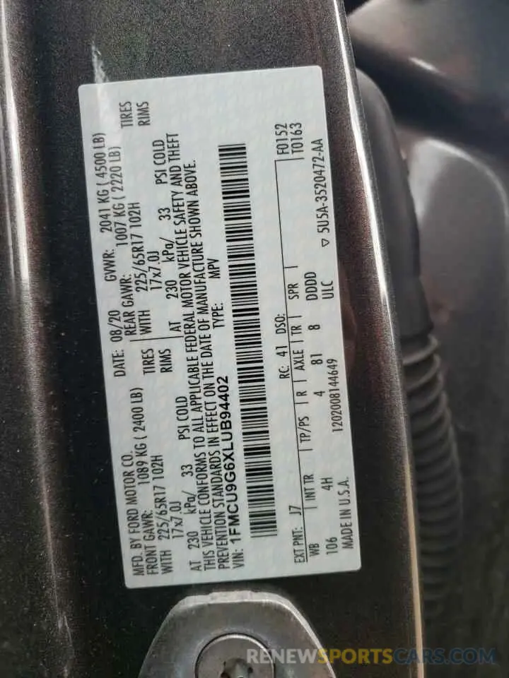 13 fotografías del automóvil dañado 1FMCU9G6XLUB94402 FORD ESCAPE 2020