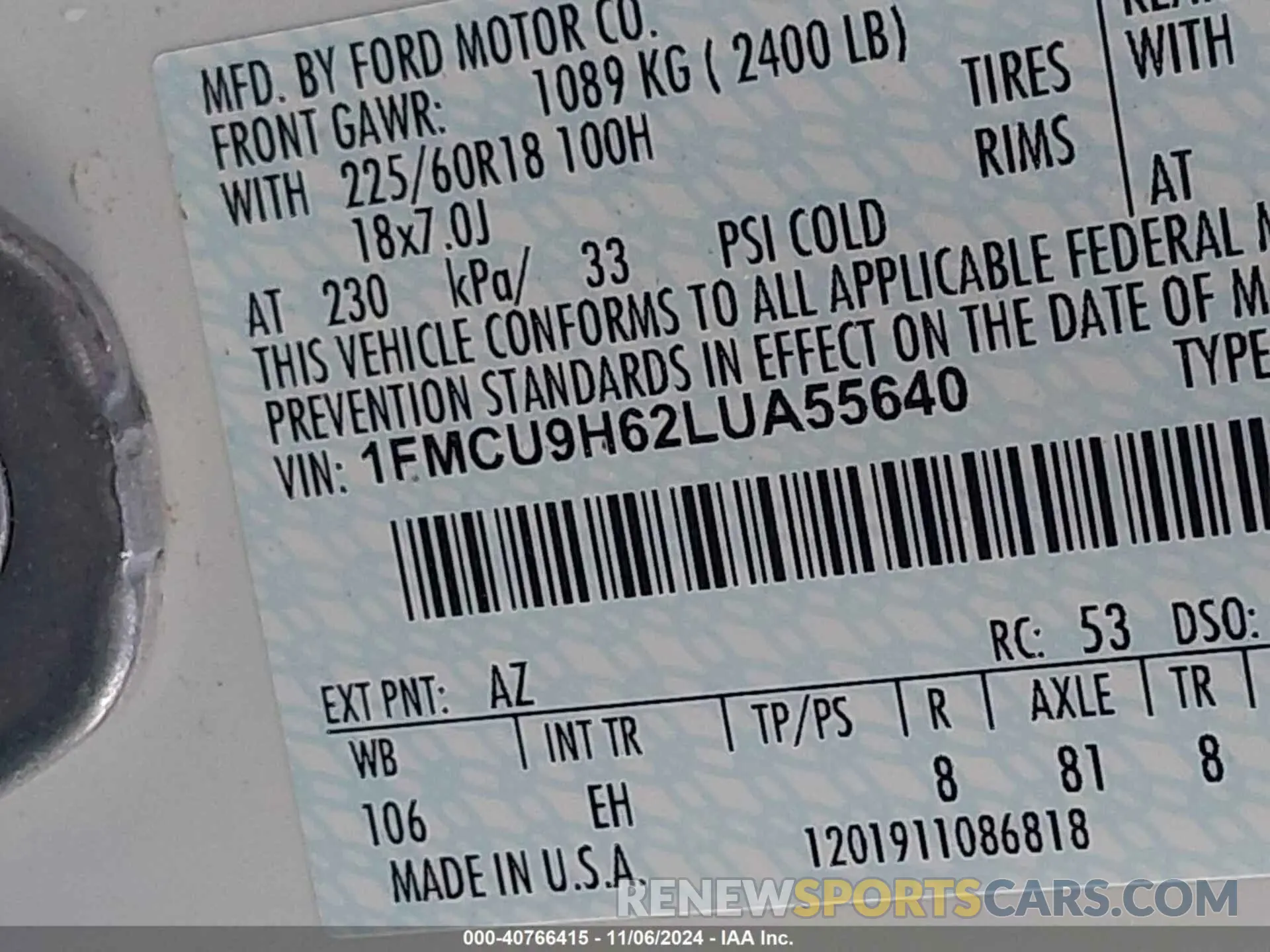 9 fotografías del automóvil dañado 1FMCU9H62LUA55640 FORD ESCAPE 2020