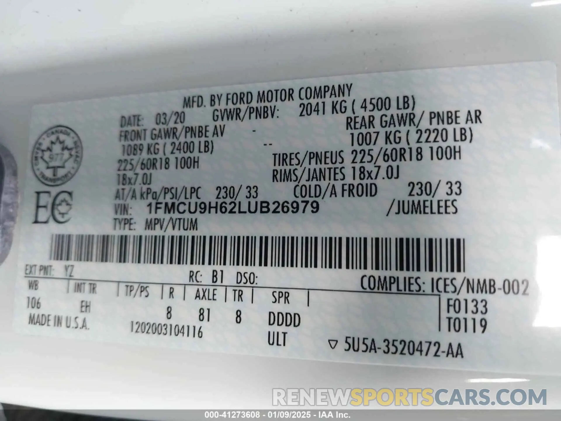 9 fotografías del automóvil dañado 1FMCU9H62LUB26979 FORD ESCAPE 2020