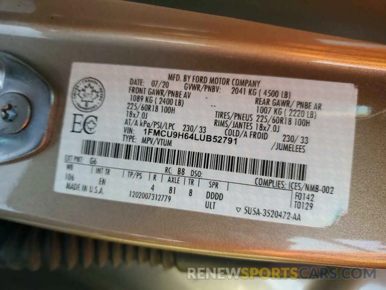 14 fotografías del automóvil dañado 1FMCU9H64LUB52791 FORD ESCAPE 2020