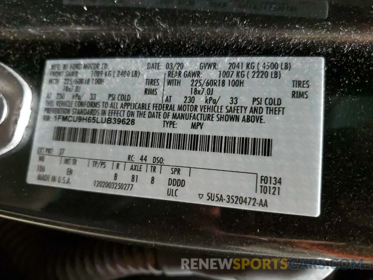 13 fotografías del automóvil dañado 1FMCU9H65LUB39628 FORD ESCAPE 2020