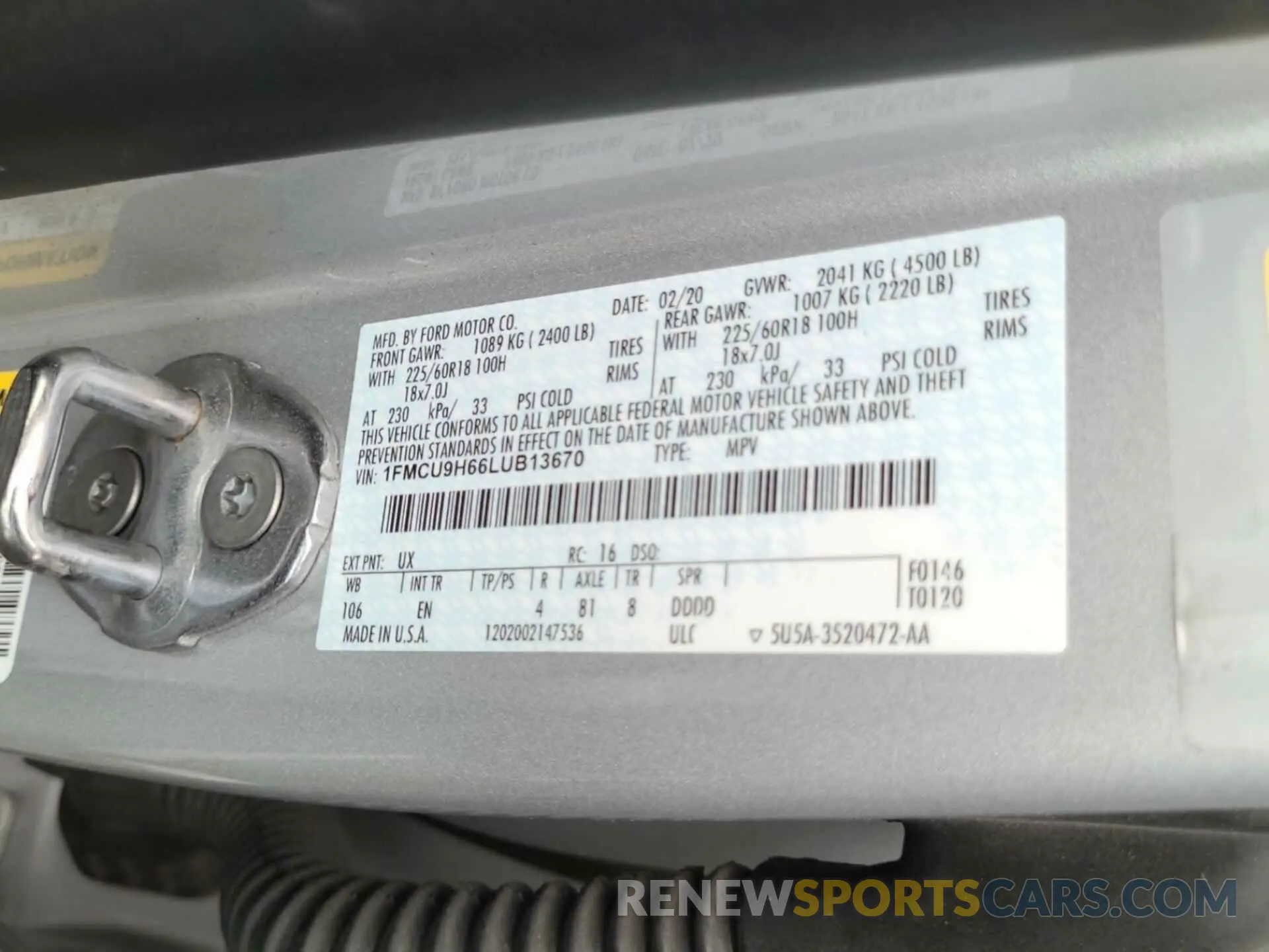 6 fotografías del automóvil dañado 1FMCU9H66LUB13670 FORD ESCAPE 2020