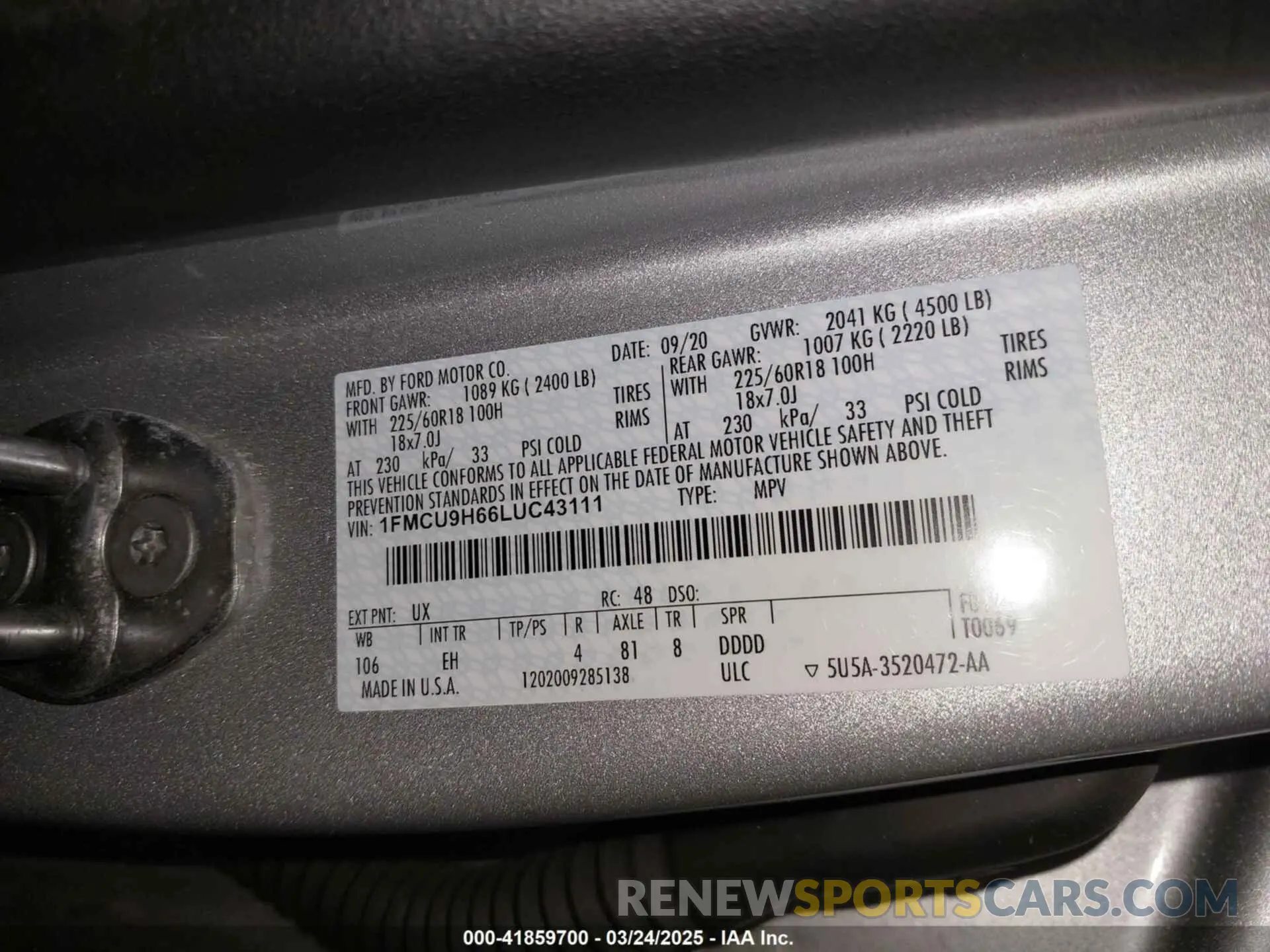 9 fotografías del automóvil dañado 1FMCU9H66LUC43111 FORD ESCAPE 2020