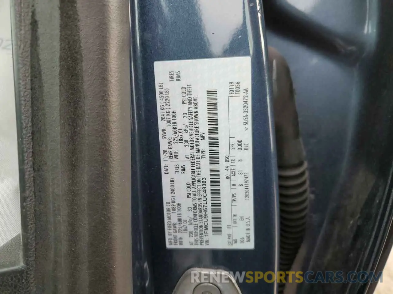 15 fotografías del automóvil dañado 1FMCU9H67LUC48303 FORD ESCAPE 2020