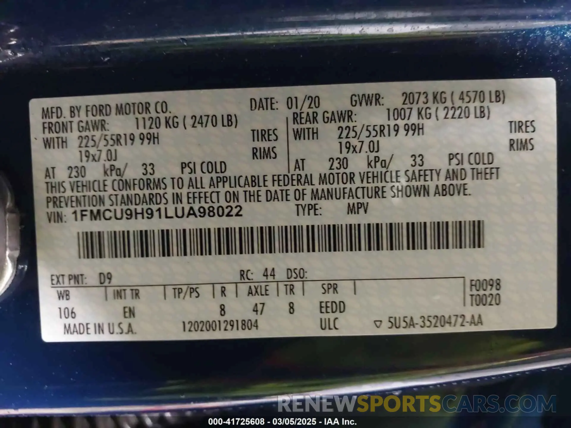 9 fotografías del automóvil dañado 1FMCU9H91LUA98022 FORD ESCAPE 2020