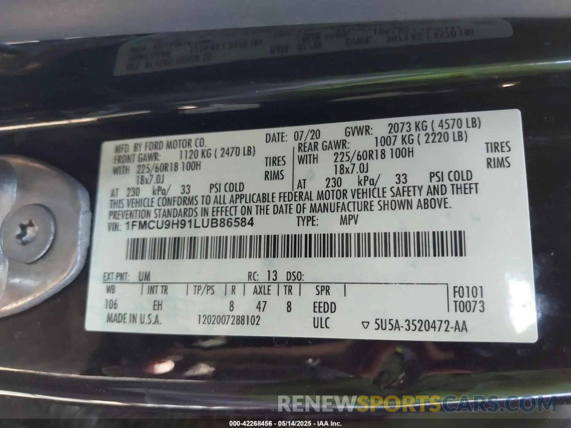 9 fotografías del automóvil dañado 1FMCU9H91LUB86584 FORD ESCAPE 2020