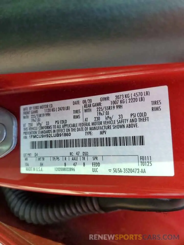 13 fotografías del automóvil dañado 1FMCU9H92LUB91860 FORD ESCAPE 2020