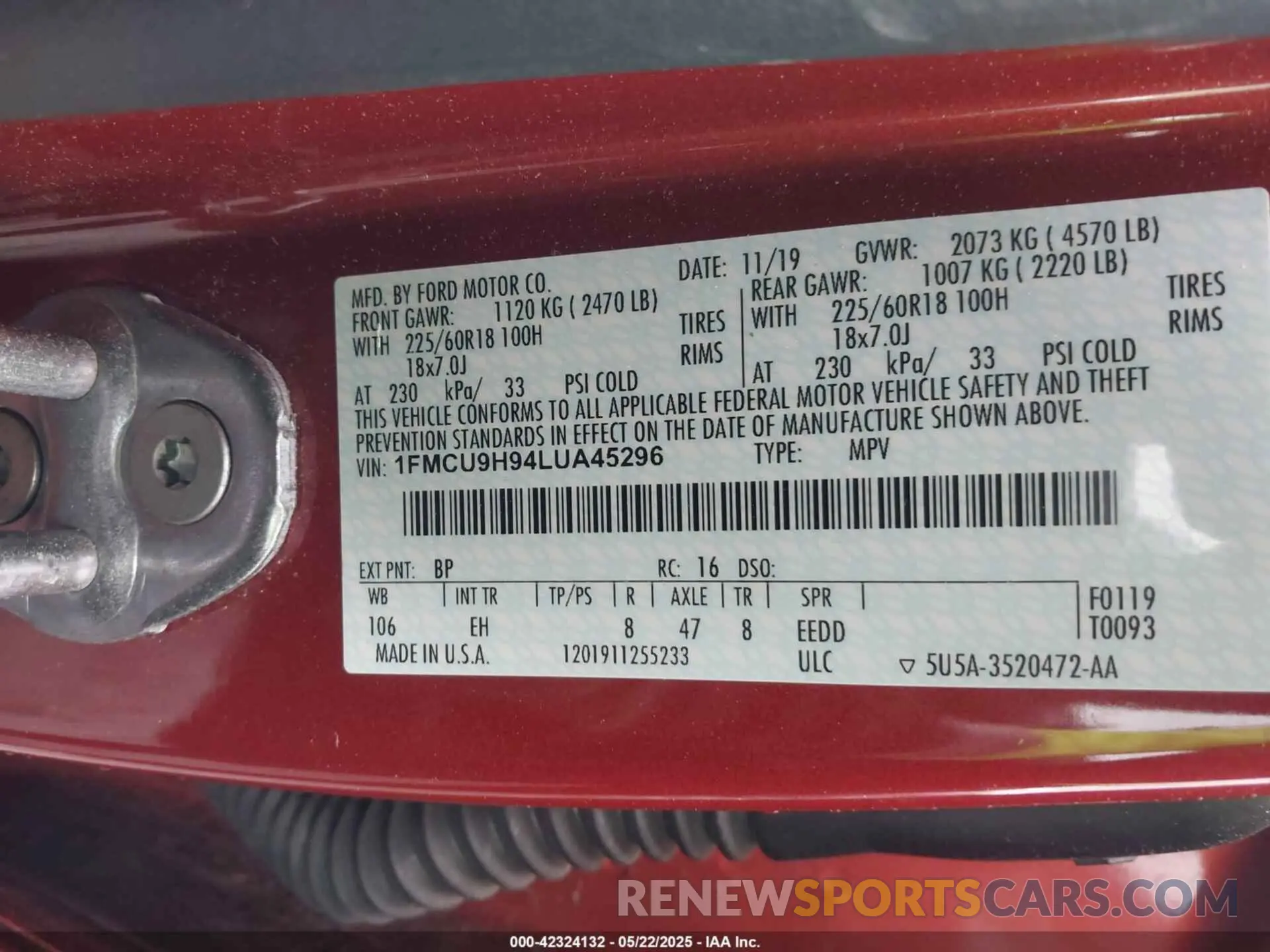 9 fotografías del automóvil dañado 1FMCU9H94LUA45296 FORD ESCAPE 2020