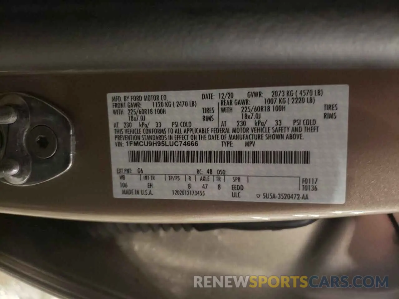 14 fotografías del automóvil dañado 1FMCU9H95LUC74666 FORD ESCAPE 2020