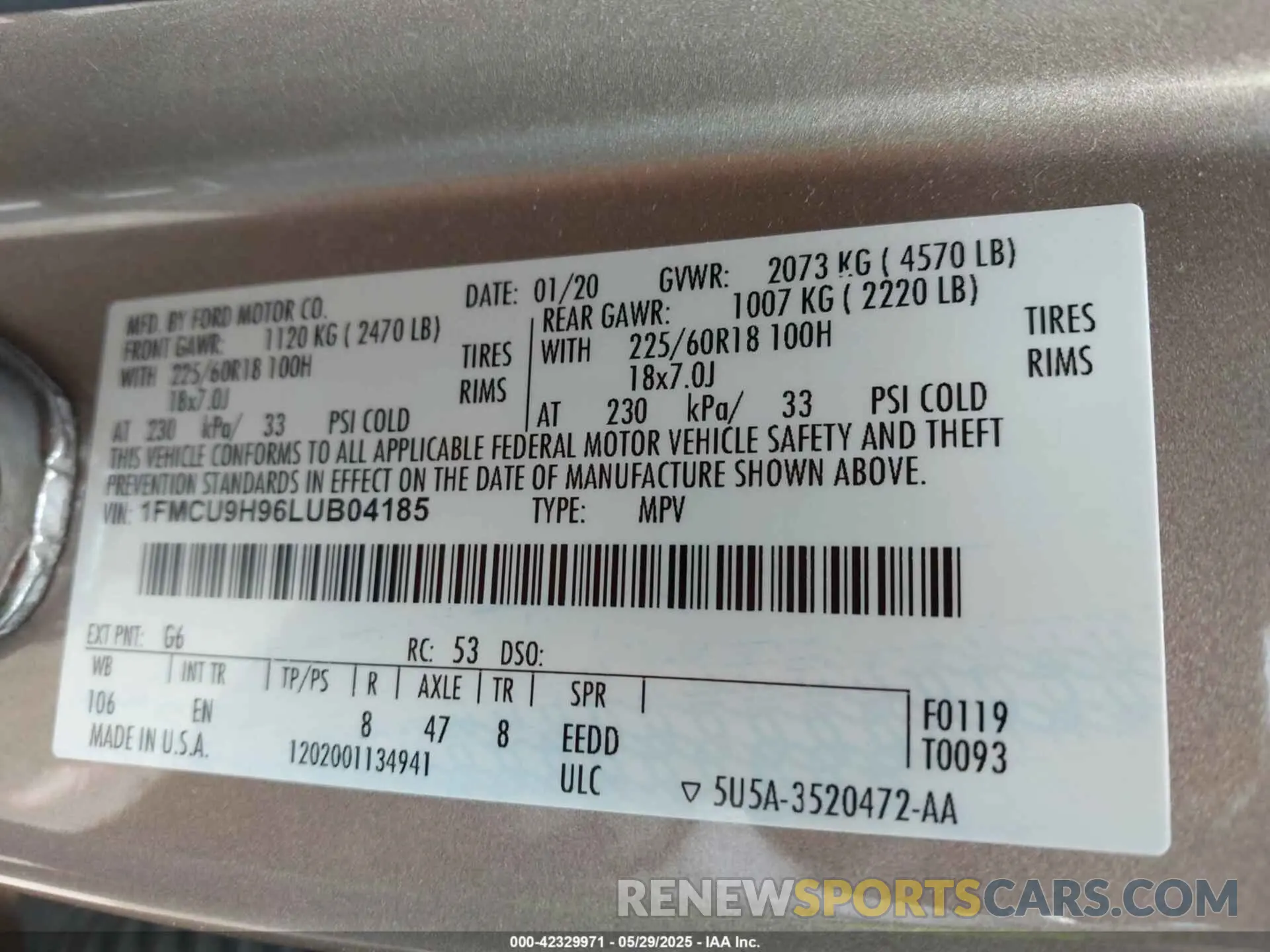9 fotografías del automóvil dañado 1FMCU9H96LUB04185 FORD ESCAPE 2020